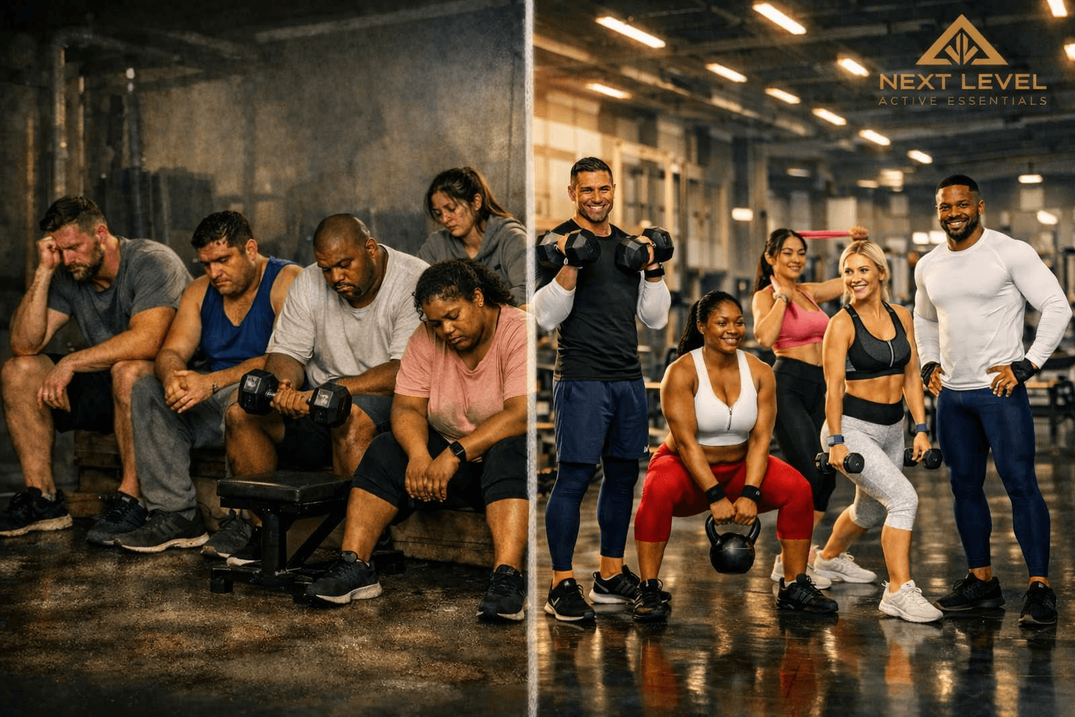 Split‑scene gym transformation showing How to regain fitness motivation to six individuals before and after fitness progress 