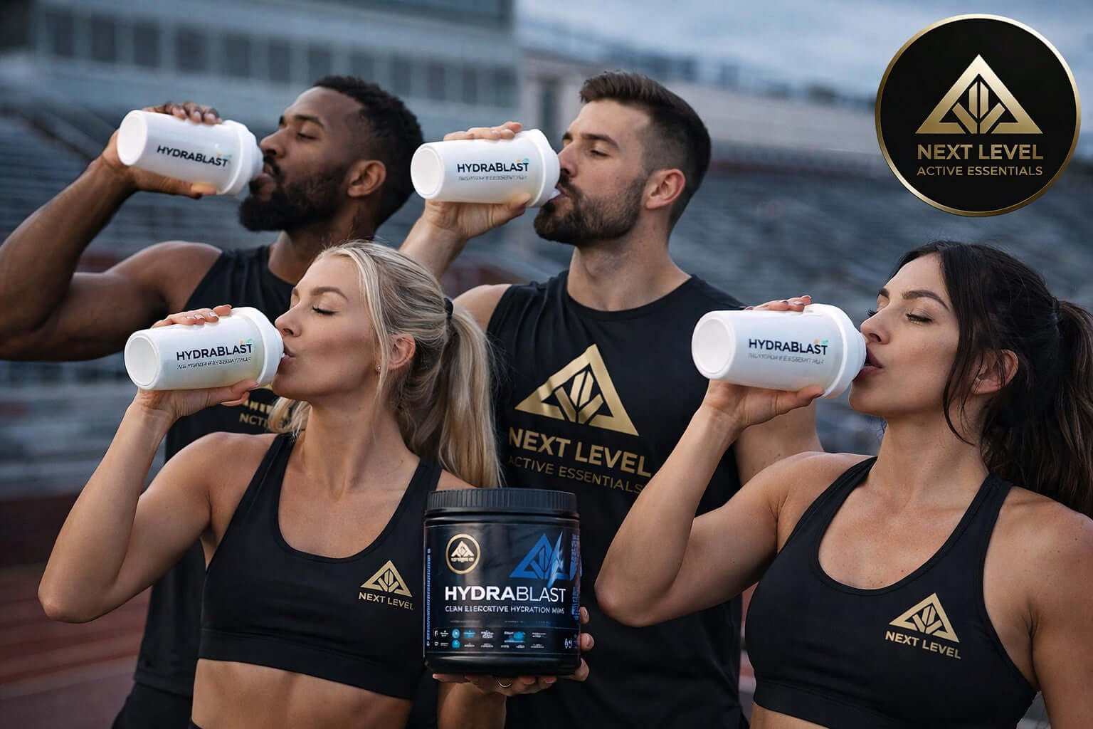 Four athletes wearing NLAE activewear drink from shaker bottles featuring HYDRABLAST branding while holding a container of our Hydration Mixes & Performance Powders - NLAE Supplements.