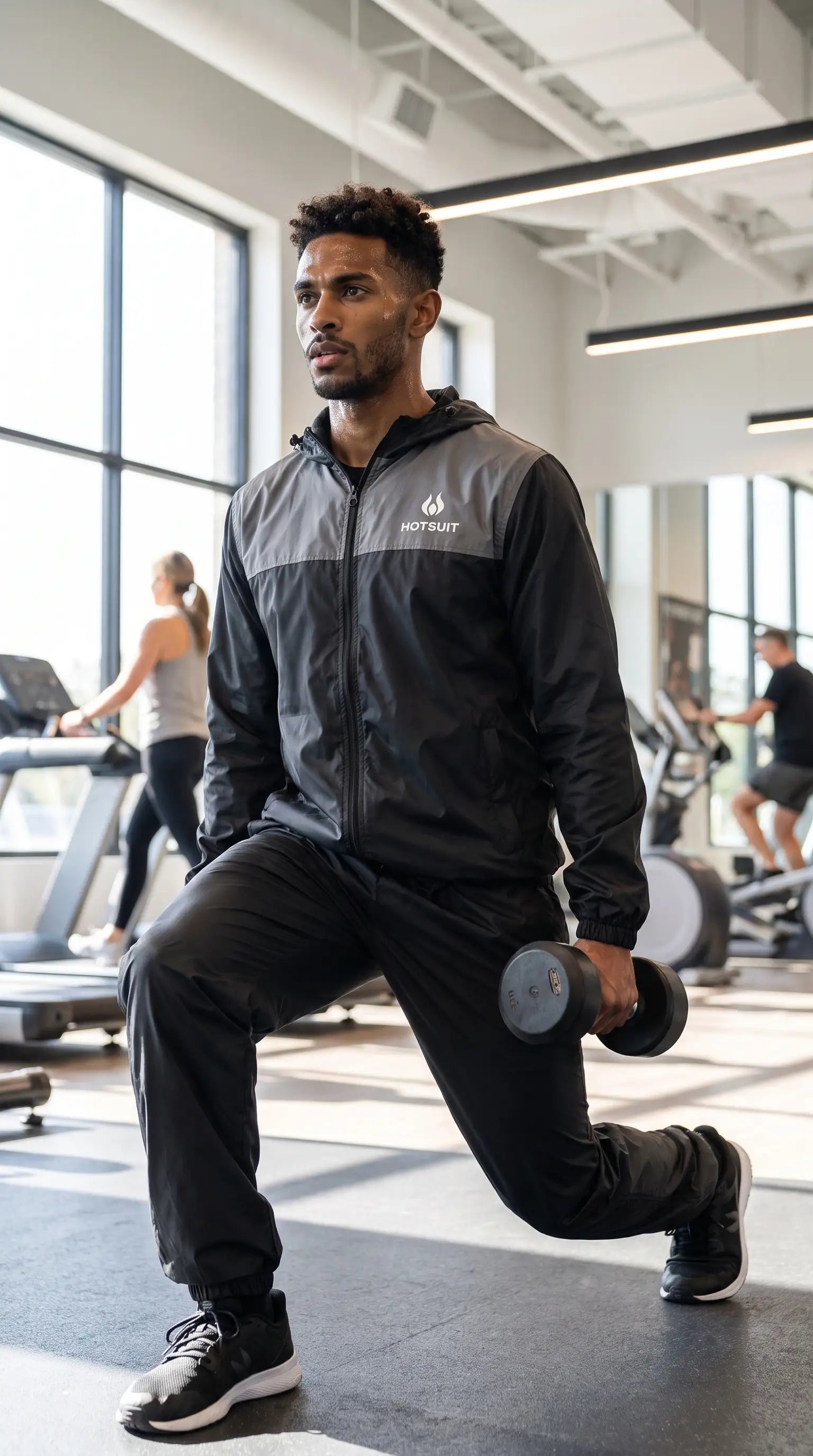 Man in gym wearing Men's Full Body Sauna Suit Set for Gym & Cardio while exercising with dumbbells.