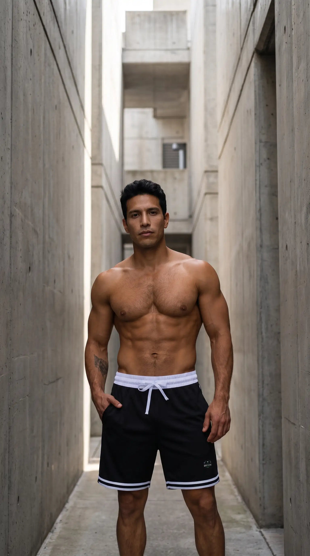Model wearing Loki & Ivy Classic Stripe Trim Basketball Shorts in a modern architectural setting.