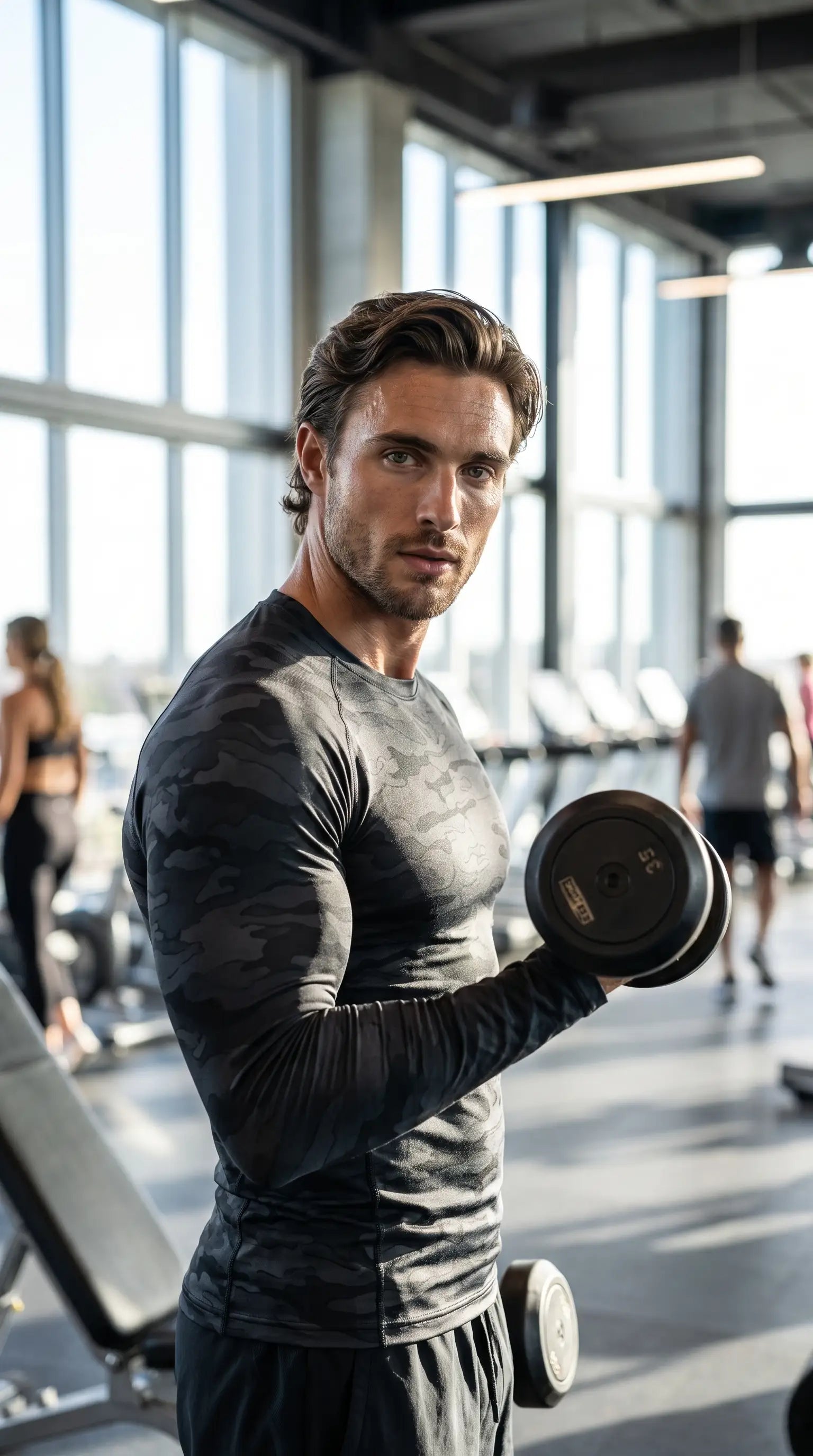 Man wearing Men's upf 50 long sleeve compression rash guard lifting dumbbell in a gym setting.