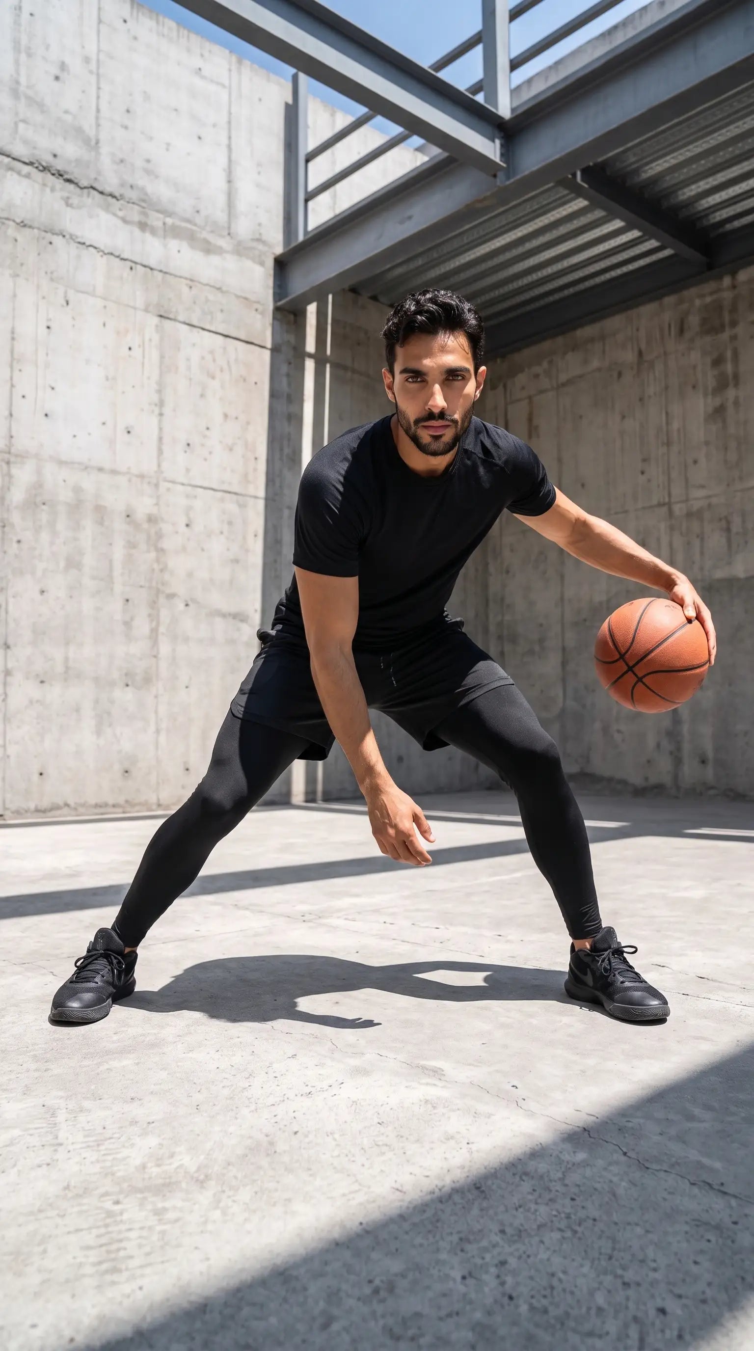 Man wearing Men’s 2-in-1 Quick-Dry Training Pants while playing basketball indoors.