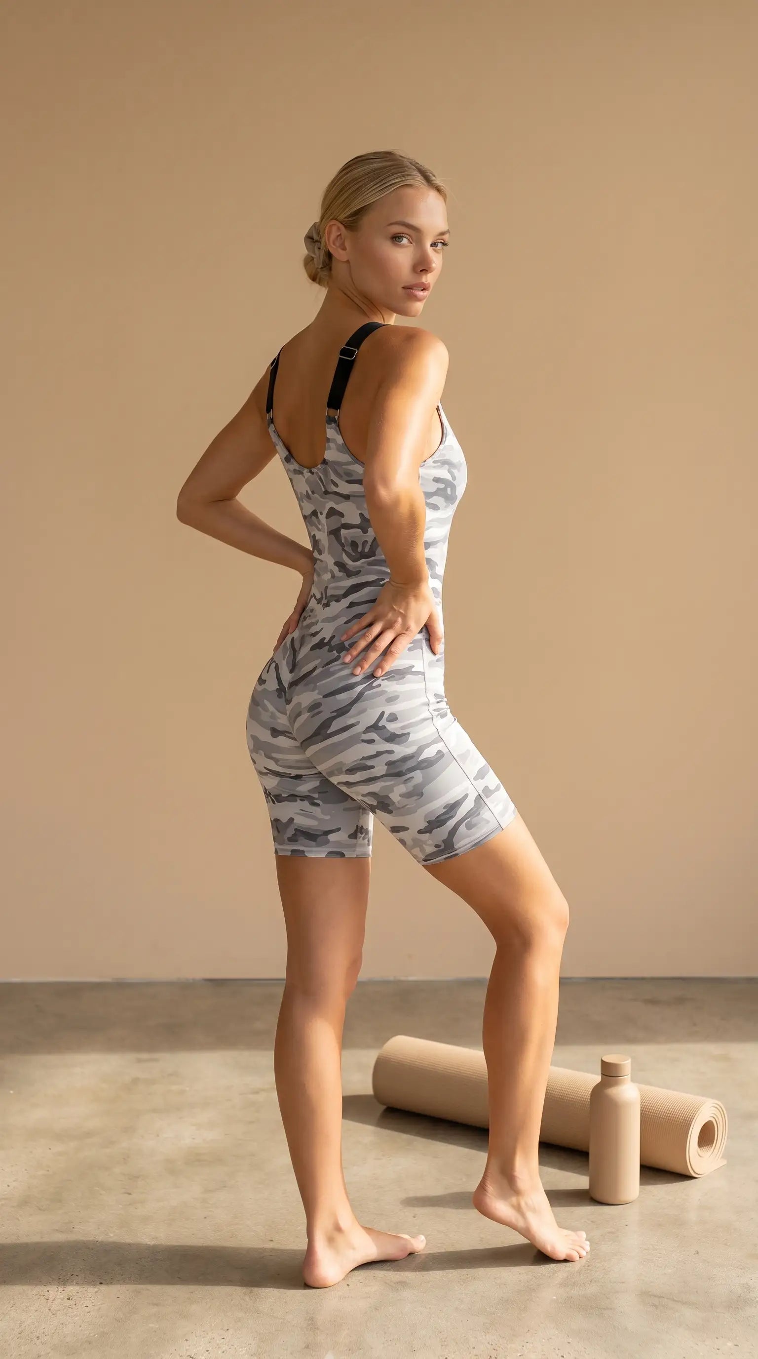 New Grey Camo Romper Made in USA worn by model showcasing a contoured fit and modern style.
