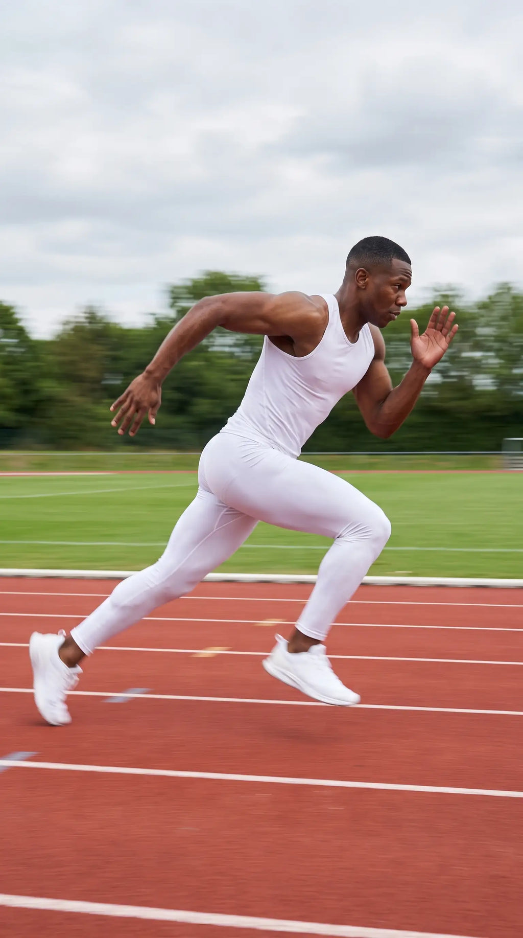 Athlete wearing Men's Recovery Compression Tights, running on track, showcasing performance and comfort during training.