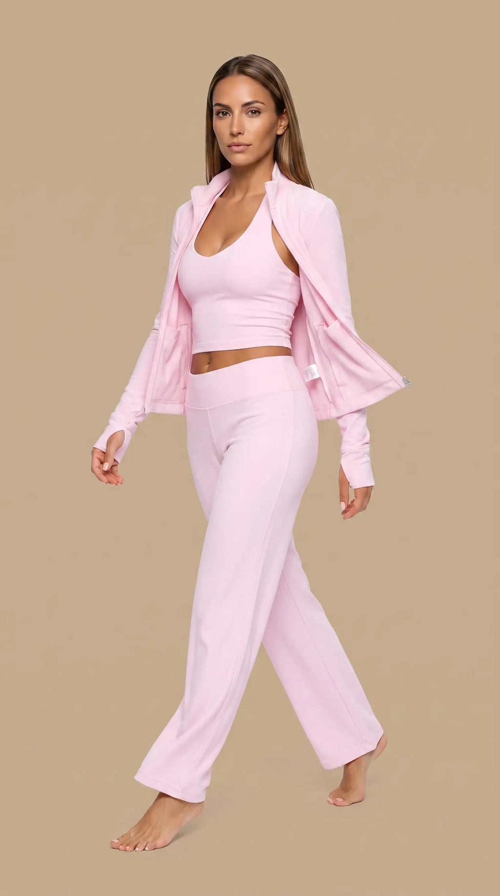 Model wearing Twirl Zip High-End 3Piece Activewear in pink, showcasing versatile activewear for workouts and casual style.