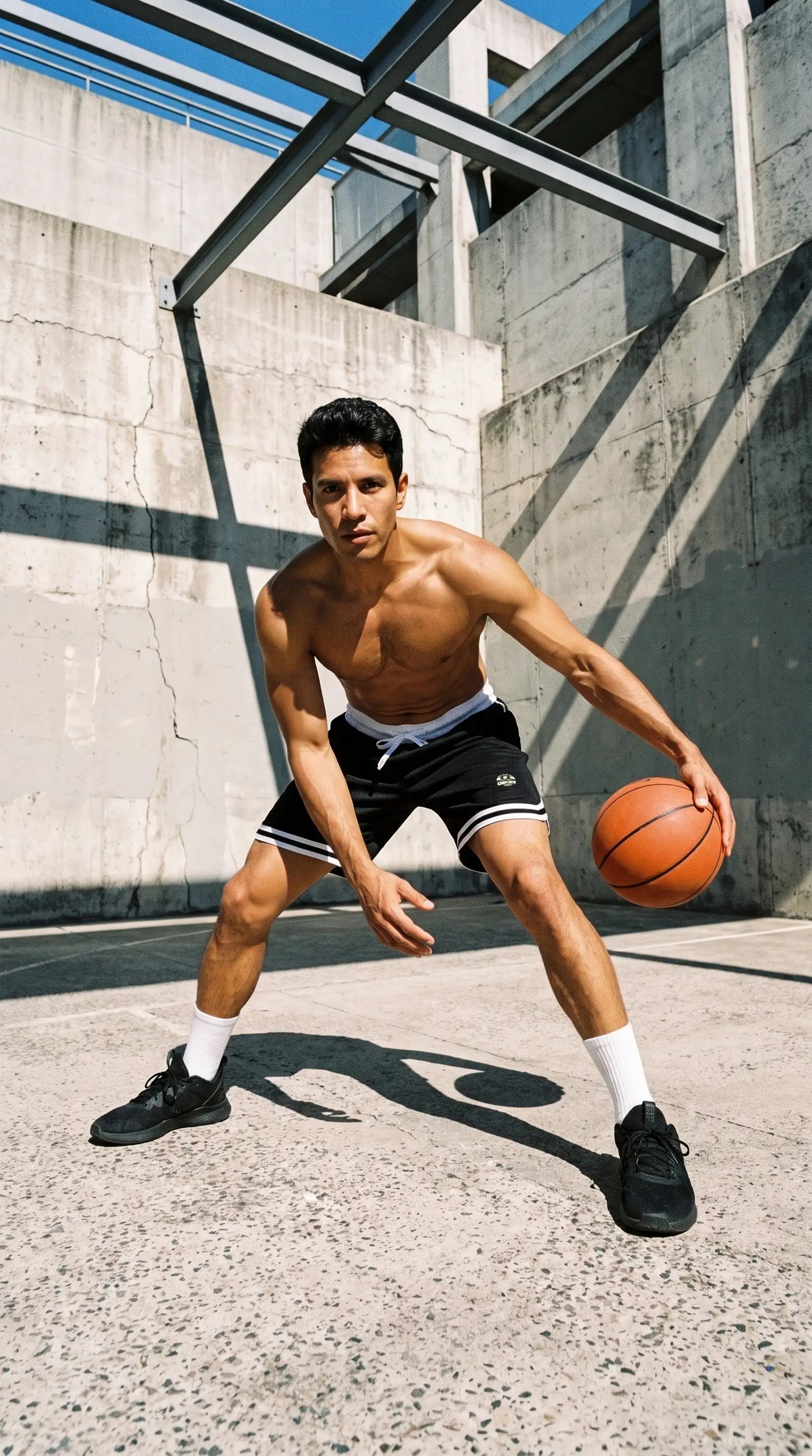 Loki & Ivy Classic Stripe Trim Basketball Shorts worn by an athletic man playing basketball outdoors.