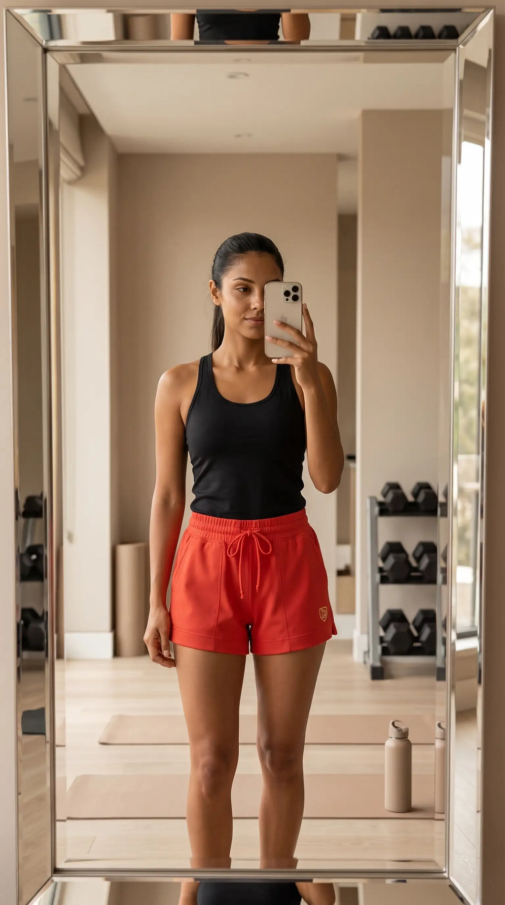 Woman taking a mirror selfie in G5 Advance 4.5 Knit Short Women’s Stretch Active Shorts Goal Five and a tank top.