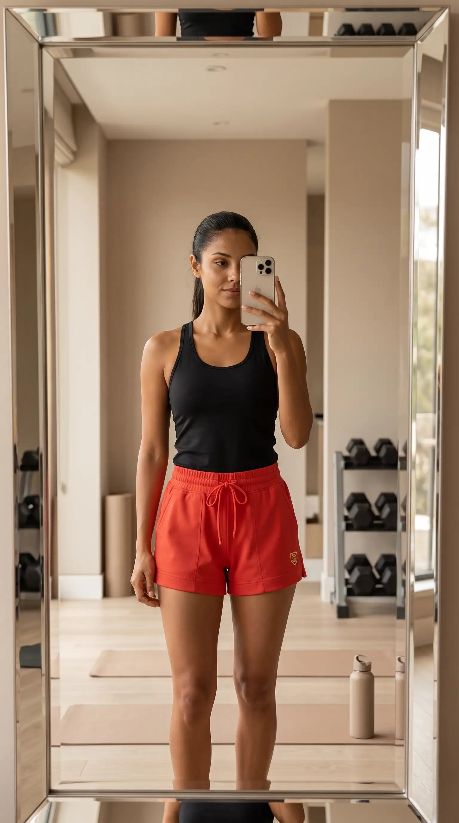 Woman taking a mirror selfie in G5 Advance 4.5 Knit Short Women’s Stretch Active Shorts Goal Five and a tank top.