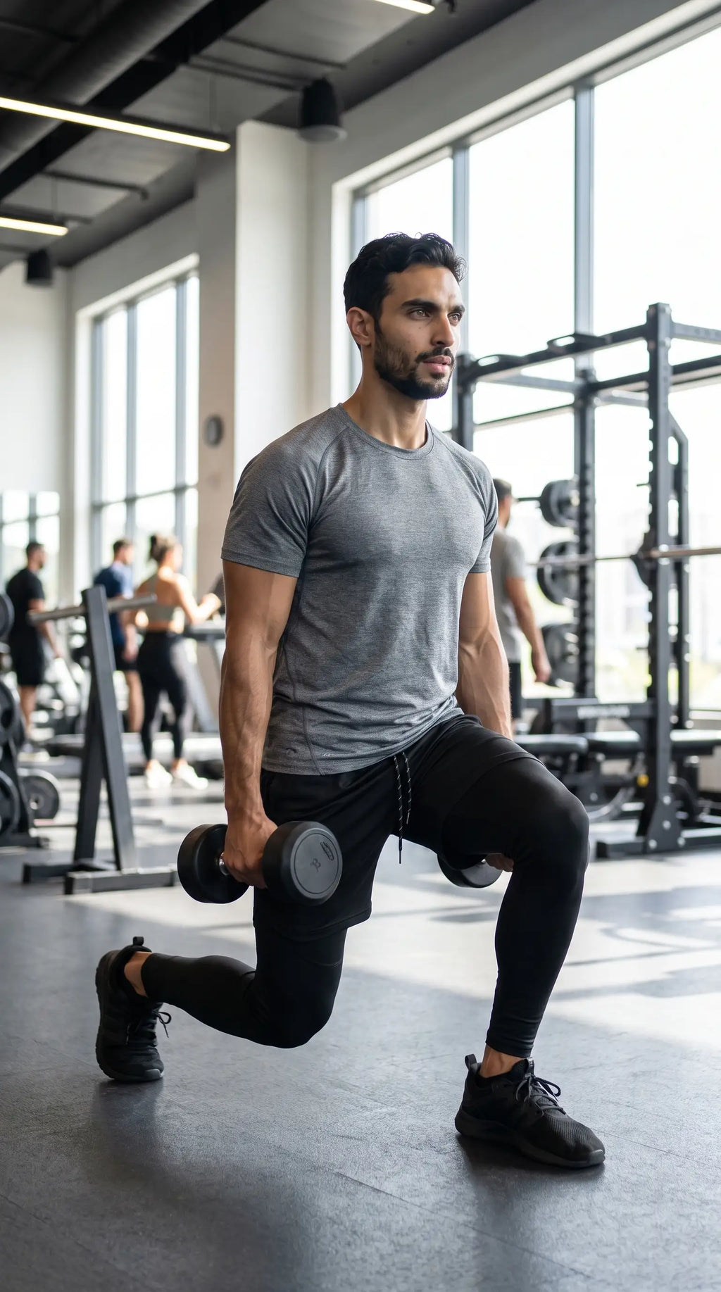Man wearing Men’s 2-in-1 Quick-Dry Training Pants performing lunges with dumbbells in a gym.