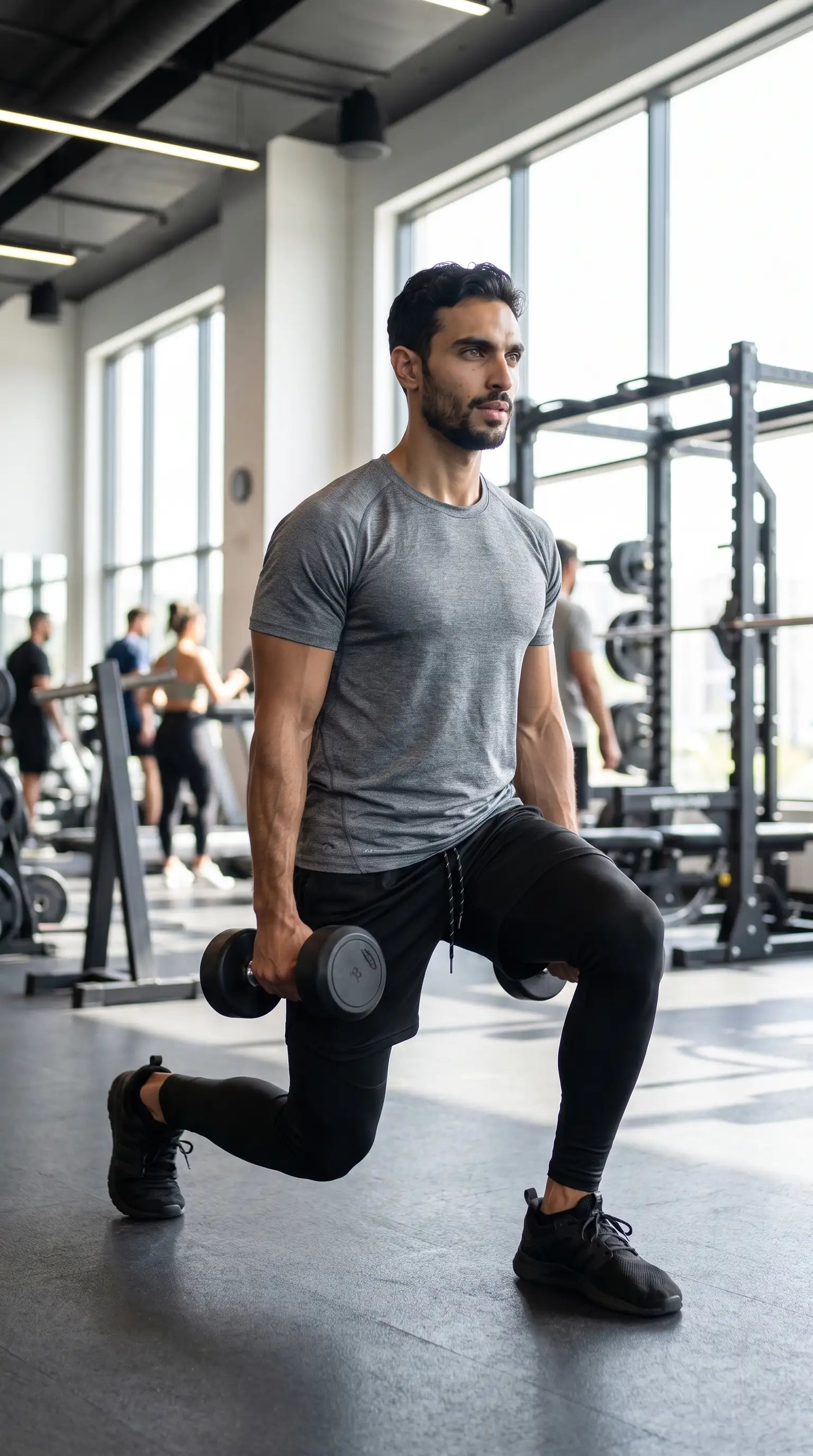 Man wearing Men’s 2-in-1 Quick-Dry Training Pants performing lunges with dumbbells in a gym.