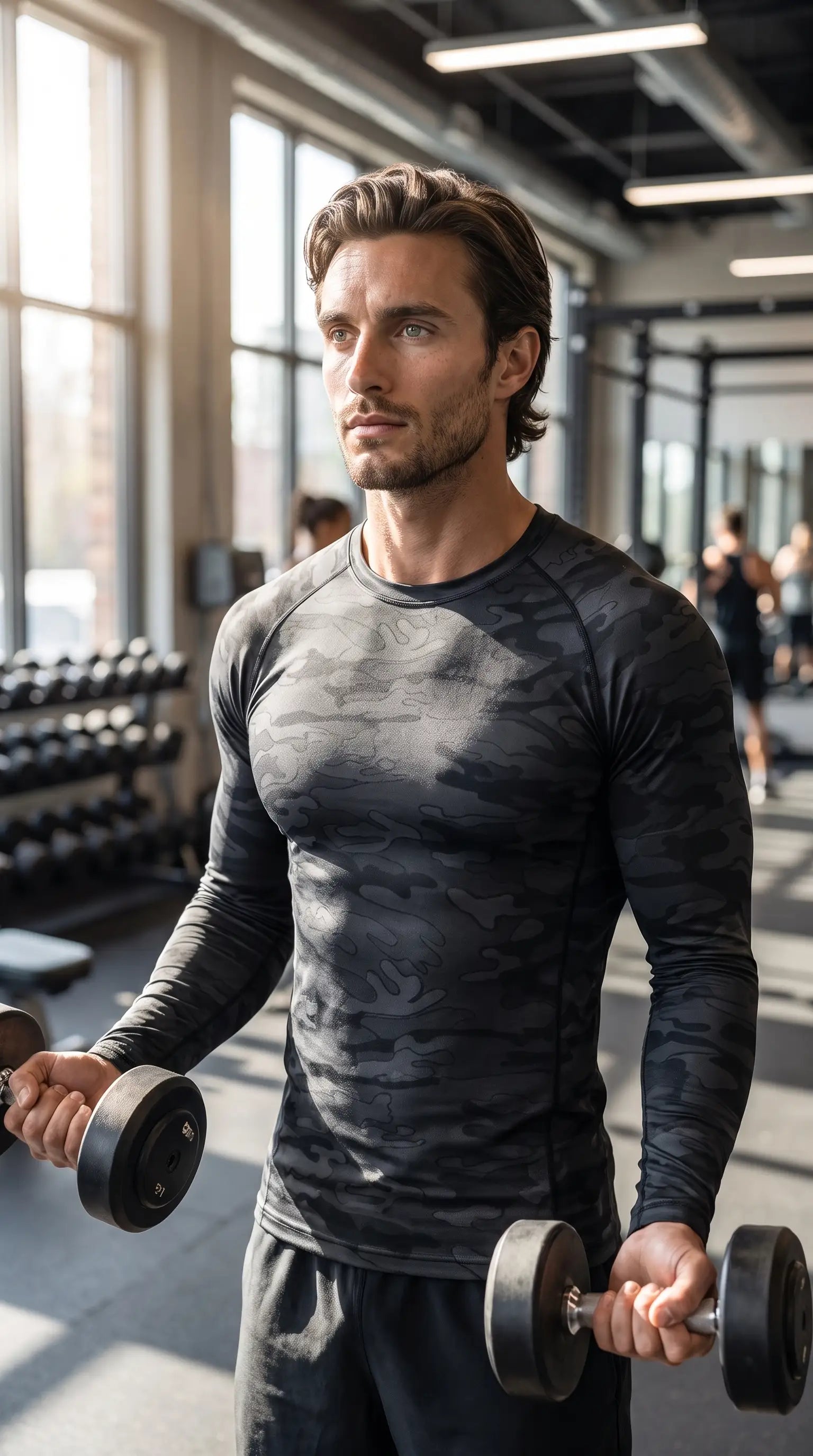 Man wearing Men's upf 50 long sleeve compression rash guard while lifting weights in a gym.