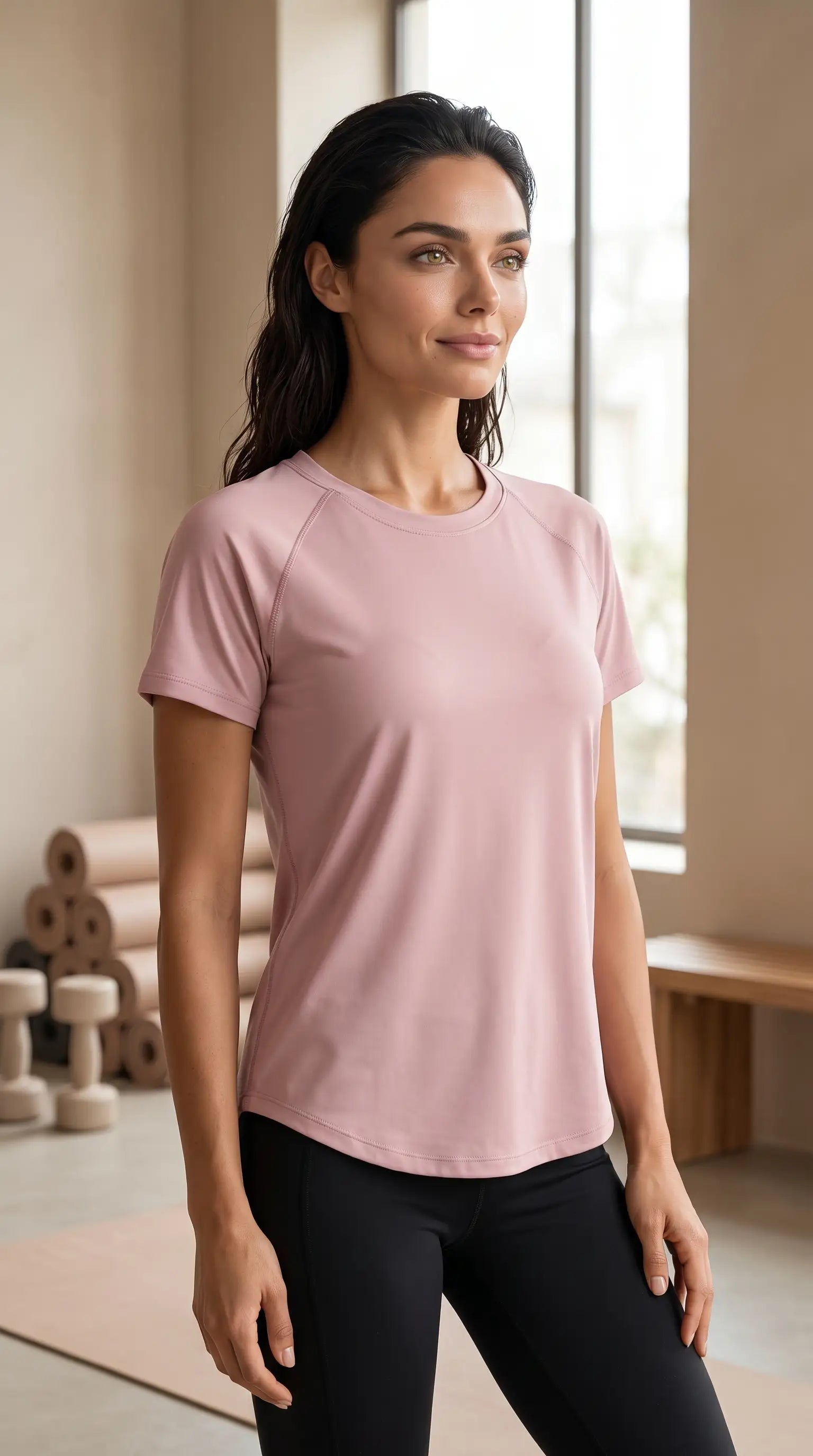 Model wearing a Women's quick-dry yoga gym t-shirt in pink, showcasing comfort and style for workout sessions.