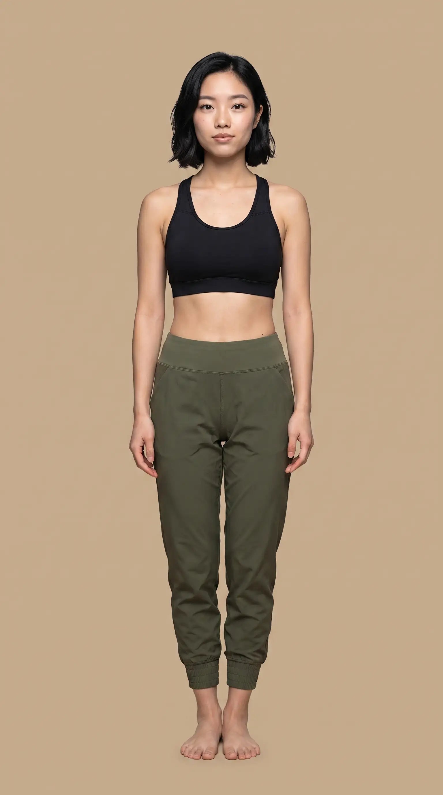 Model wearing Excel Jogger 78 Length 28 Pant in olive, paired with a black crop top, showcasing a comfortable fit.