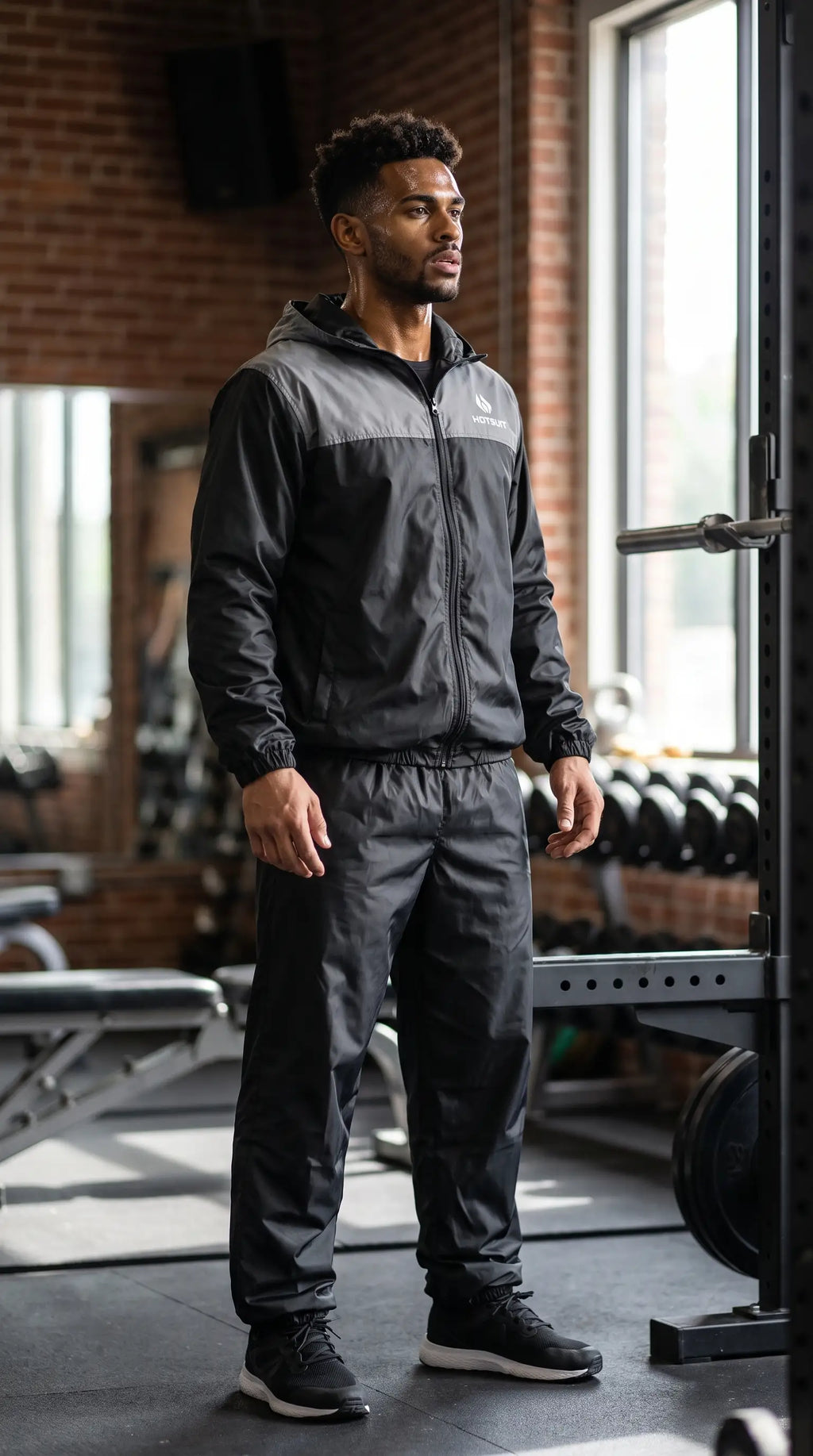 Man wearing Men's Full Body Sauna Suit Set for Gym & Cardio, designed for high-performance workouts.
