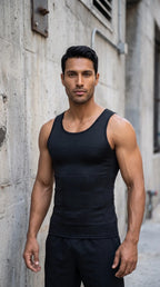 Men’s Slimming Compression Vest worn by a man against a concrete wall, showcasing its sleek design and fit.