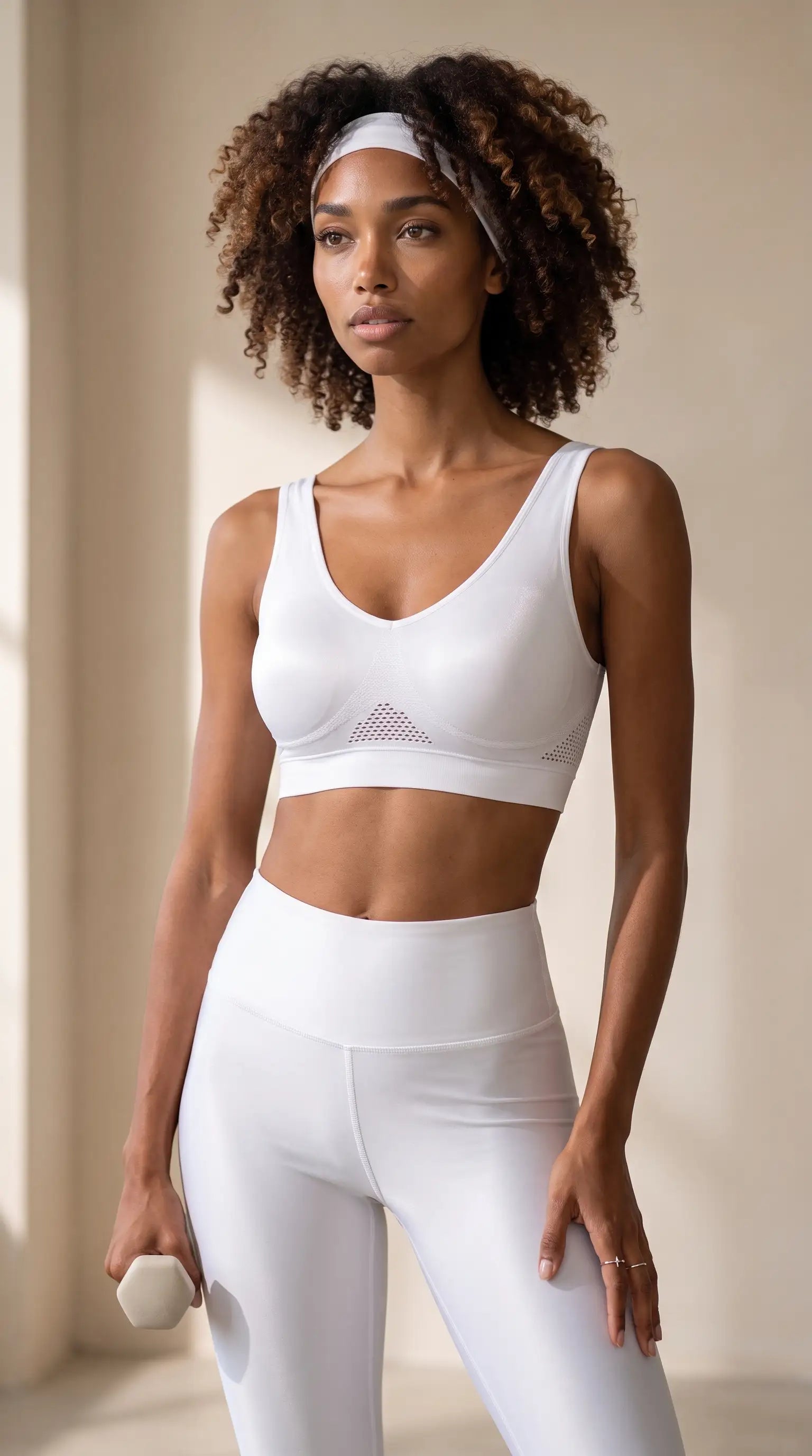 Vintage Style Comfortable Aire Posture Corrector Lift Up Bra in white, modeled by a woman with curly hair and fitness accessory.