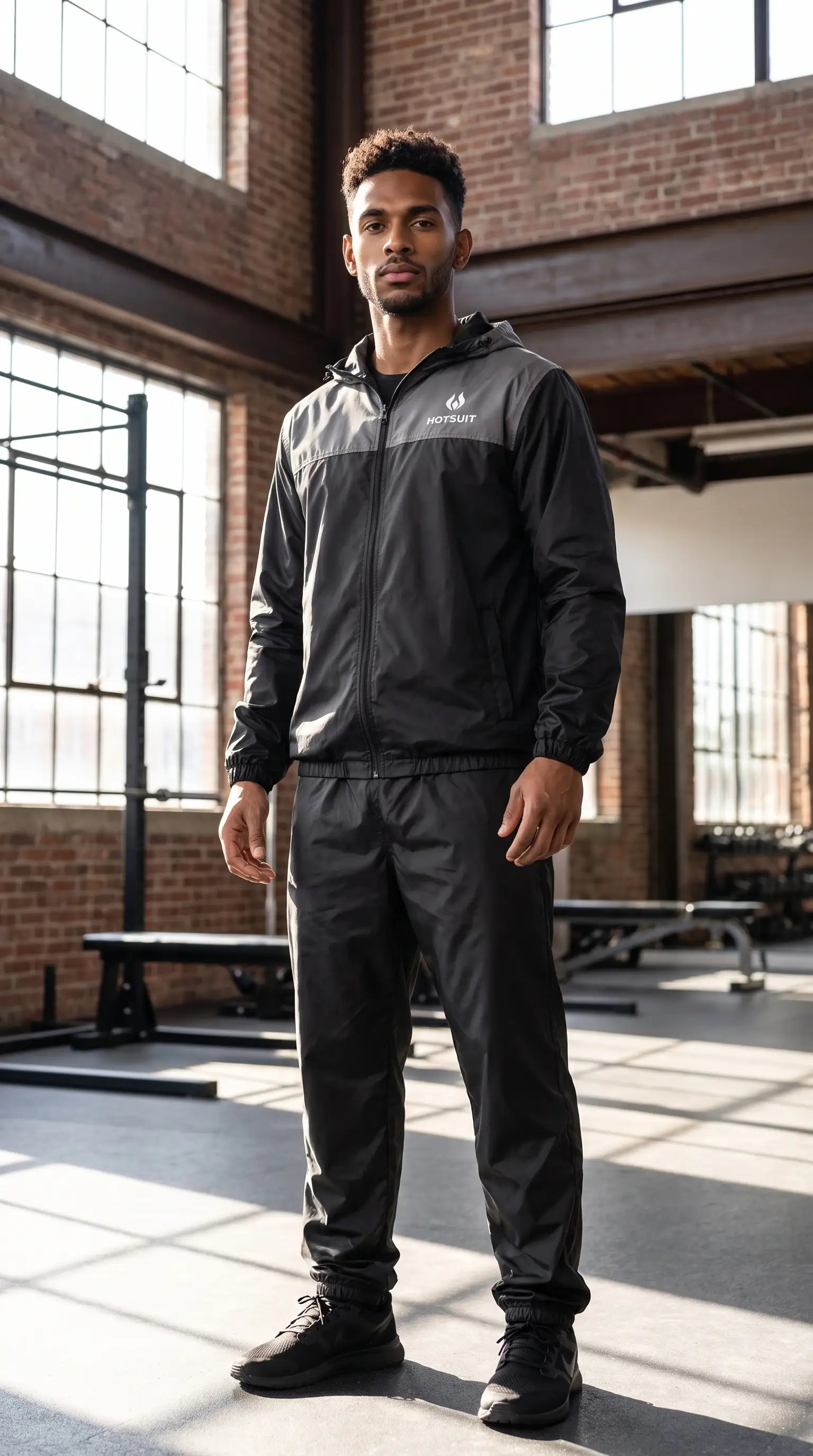 Men's Full Body Sauna Suit Set for Gym & Cardio worn by an athlete in a fitness studio setting.
