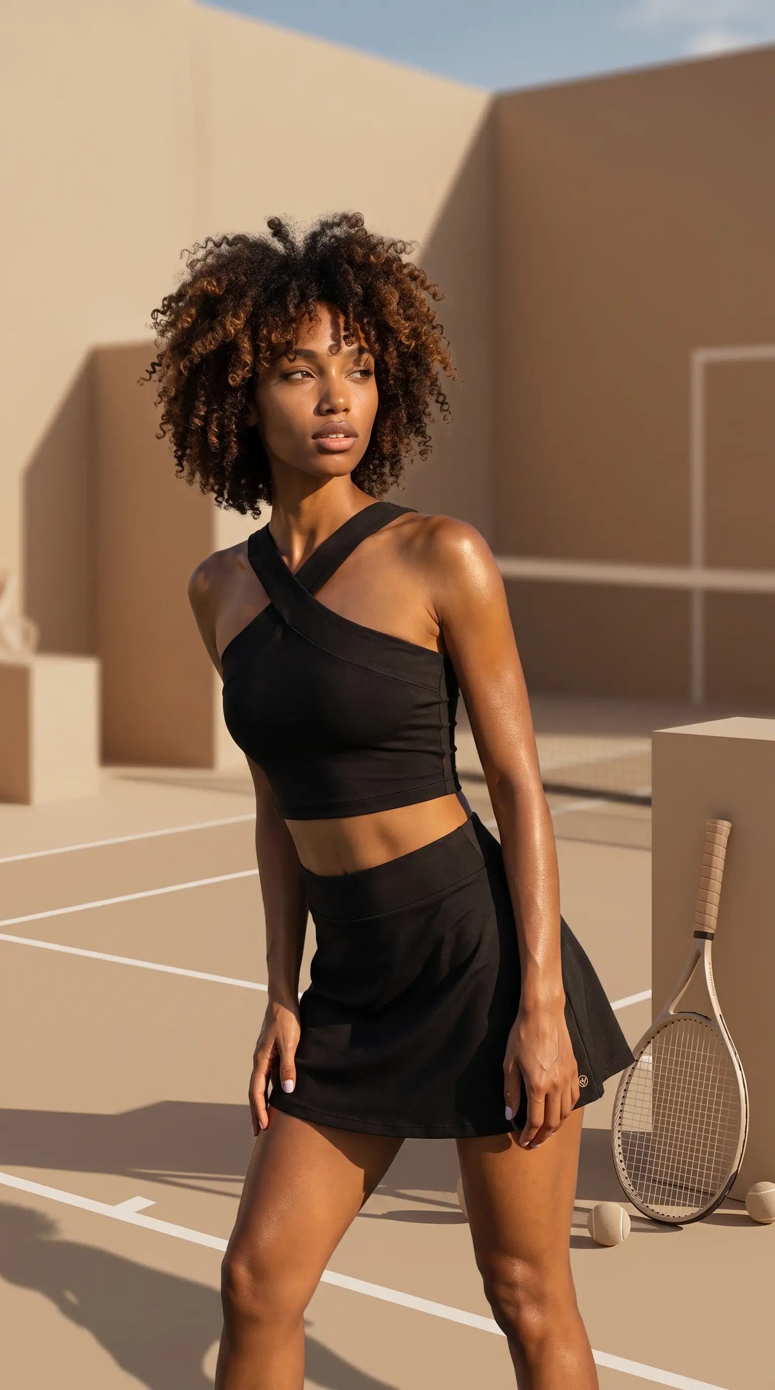 Model wearing Criss Cross Tennis Crop Top Made in USA on a tennis court, showcasing style and functionality.