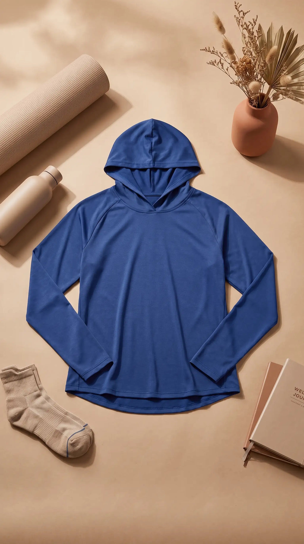 Women's hooded sun protection running shirt in blue color, designed for outdoor activities with UPF fabric.