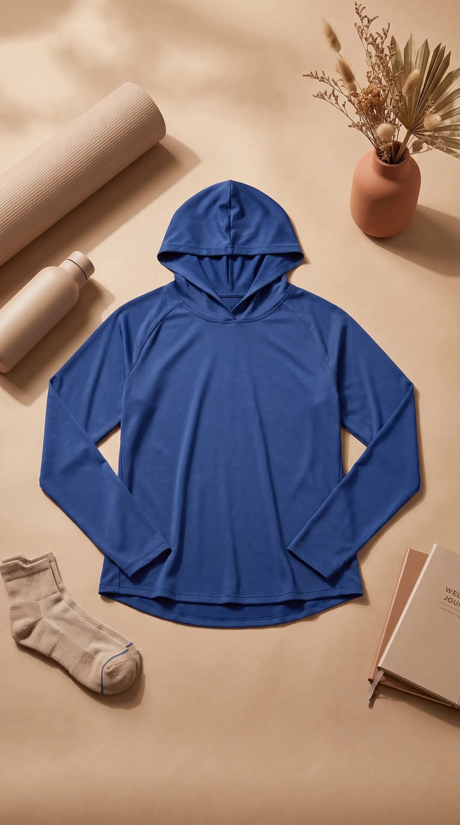 Women's hooded sun protection running shirt in blue color, designed for outdoor activities with UPF fabric.