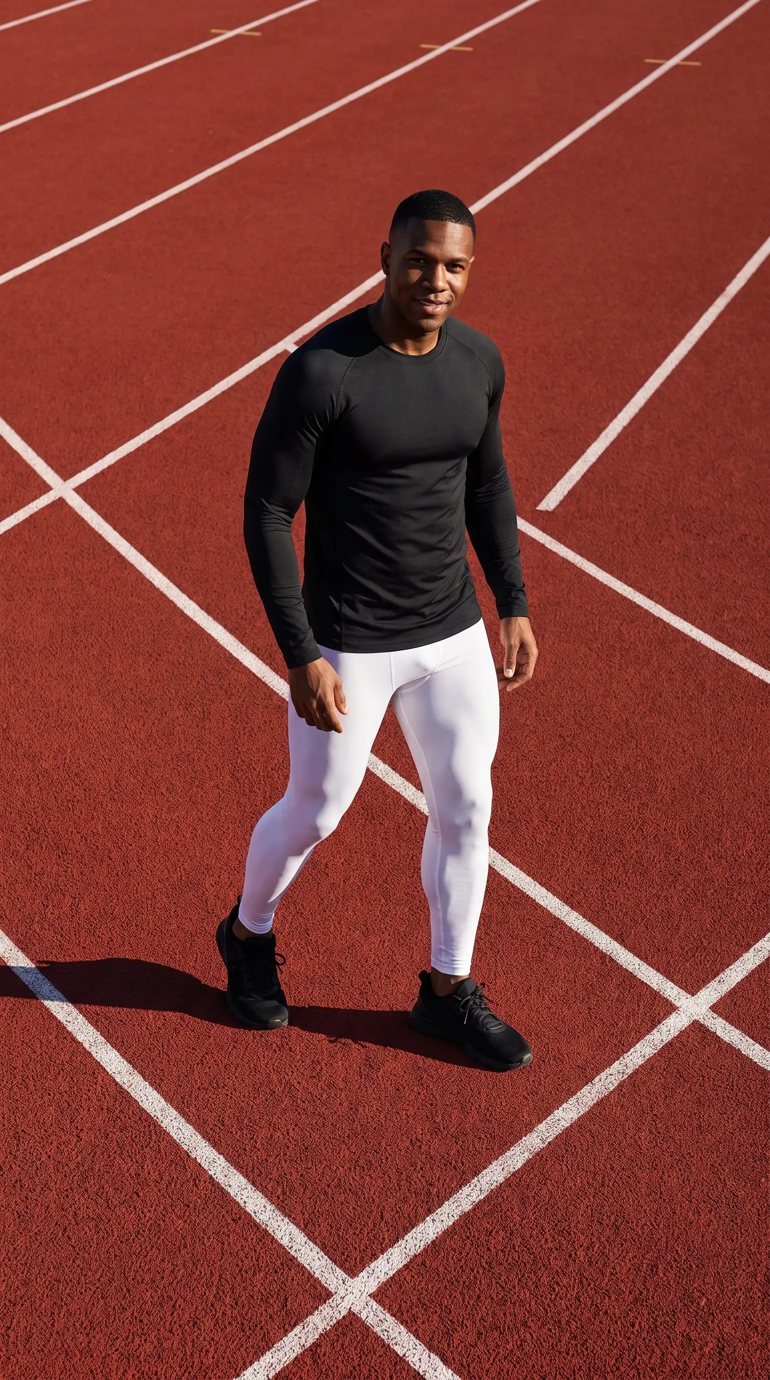 Athlete wearing Men's Recovery Compression Tights standing on a running track, showcasing performance and comfort during training.