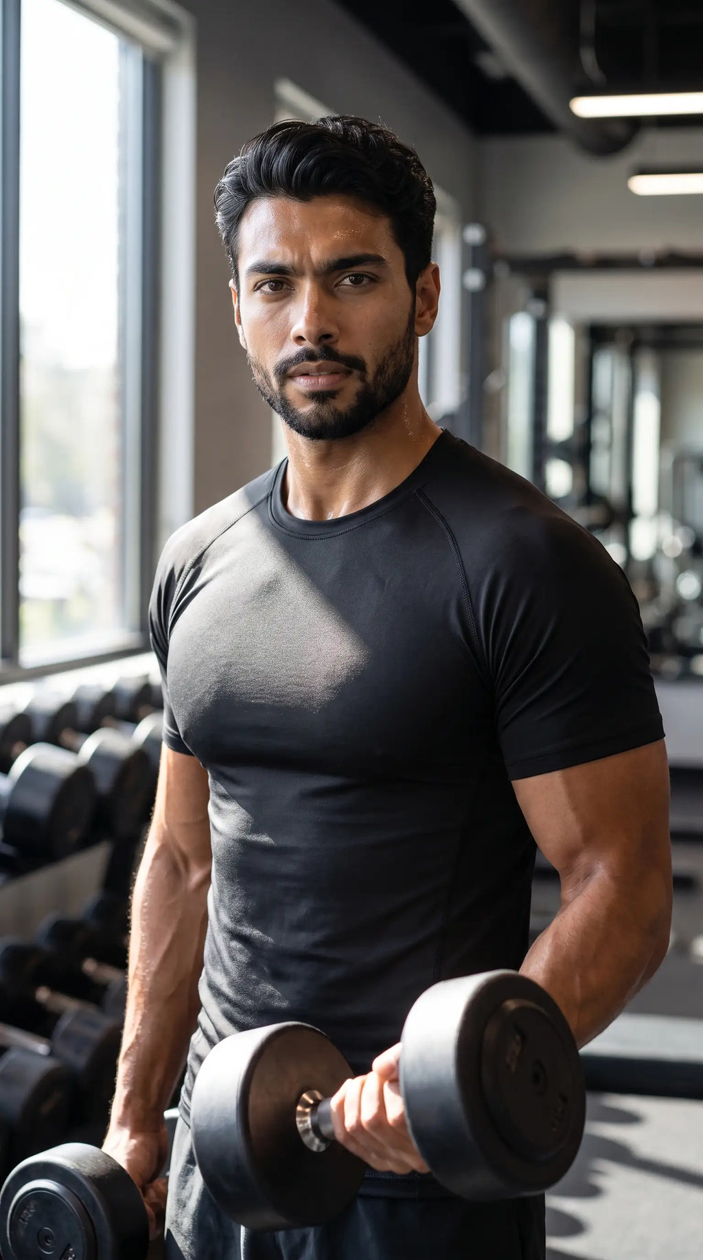 Men's quick-dry performance training compression shirt worn by a man lifting dumbbells in a gym.