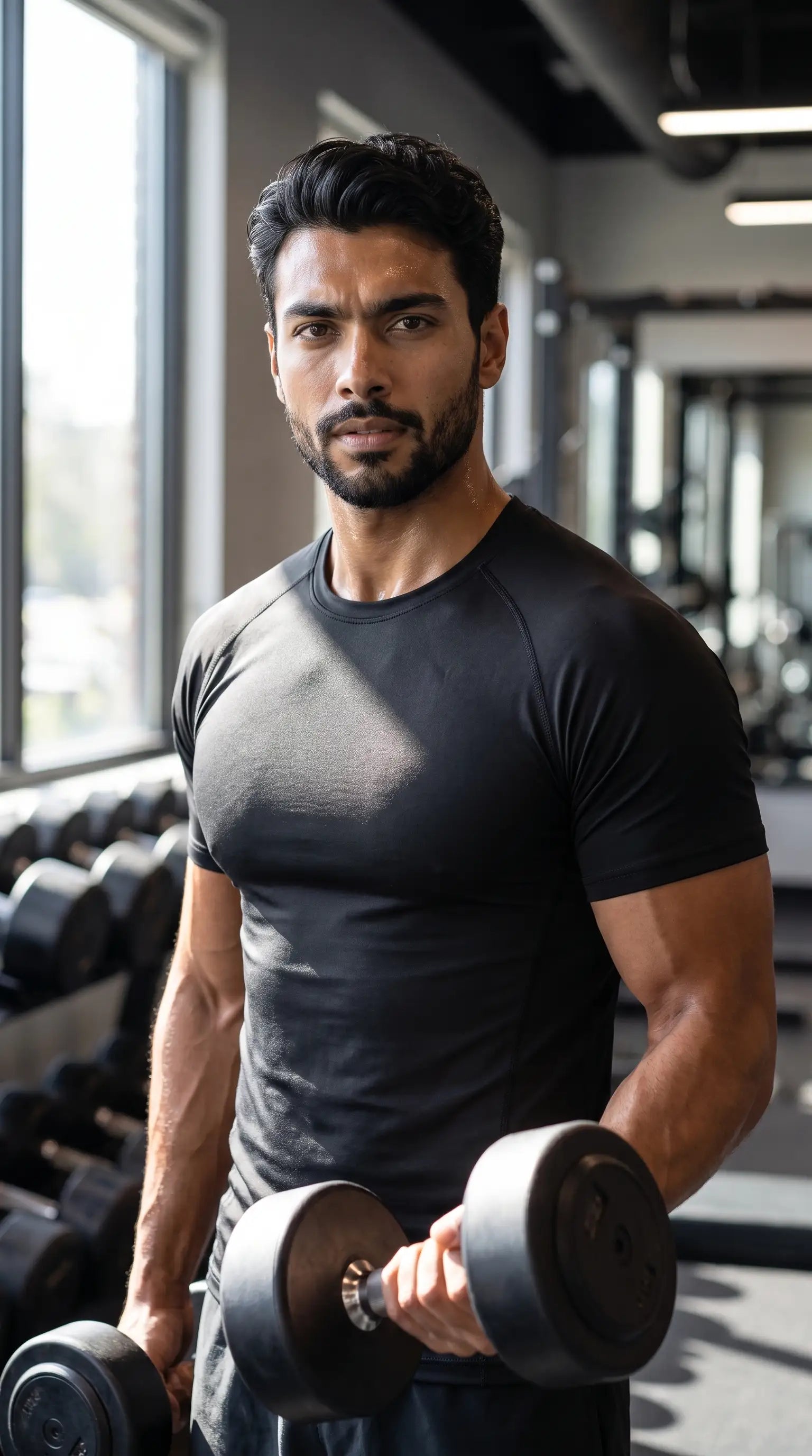 Men's quick-dry performance training compression shirt worn by a man lifting dumbbells in a gym.