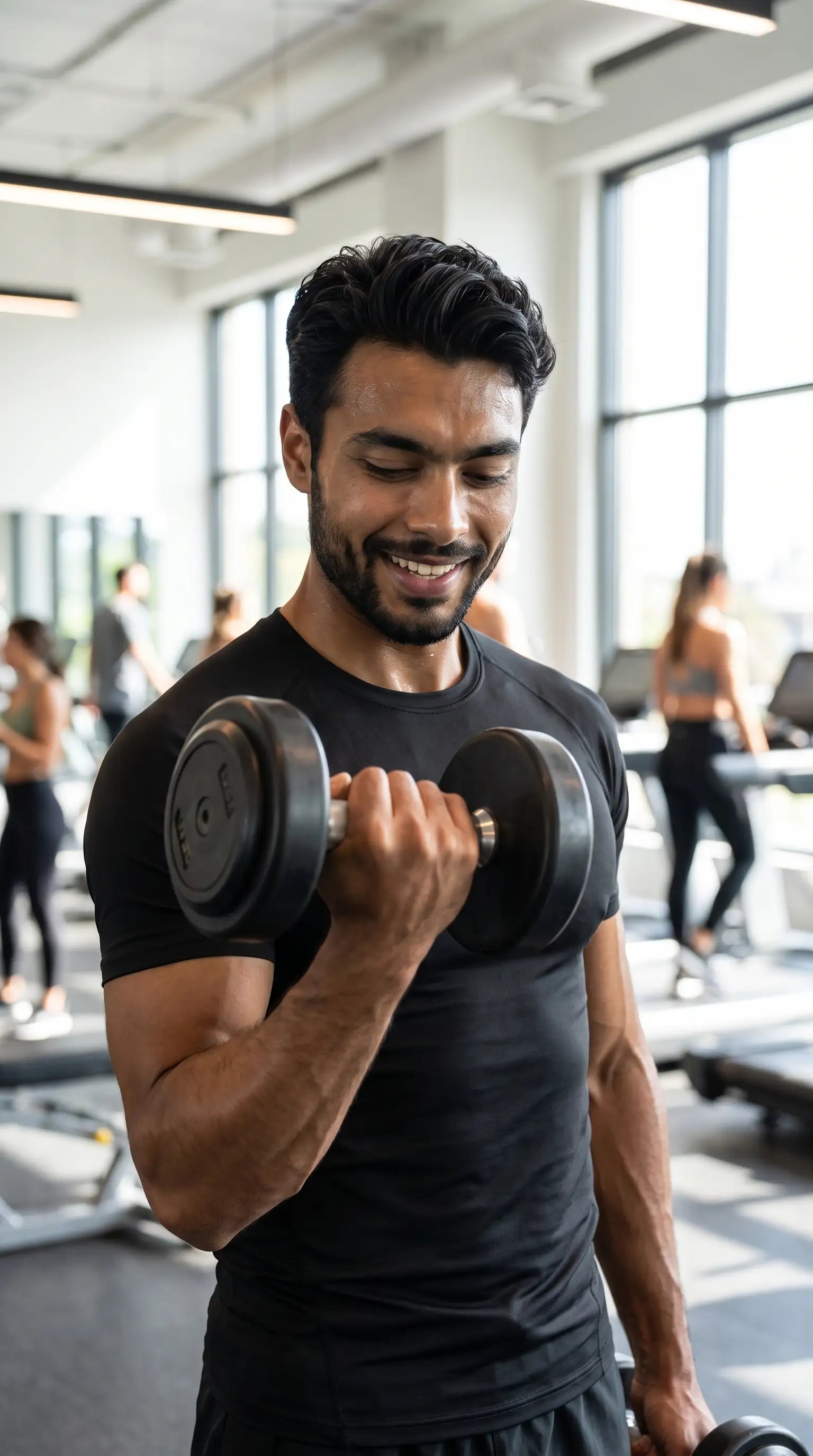 Man lifting dumbbell in a gym wearing a Men's quick-dry performance training compression shirt.