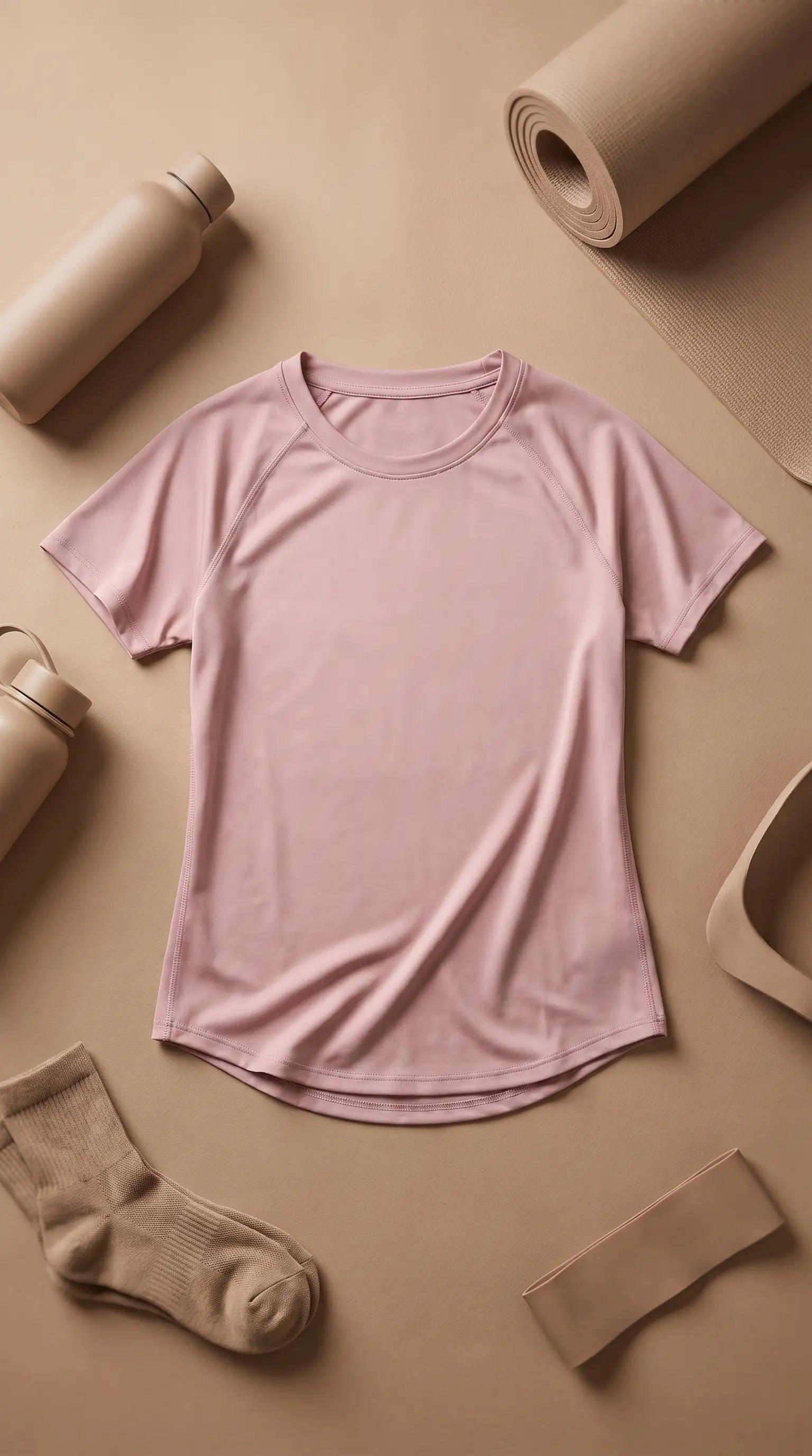 Women's quick-dry yoga gym t-shirt in light pink with workout accessories on a beige background.