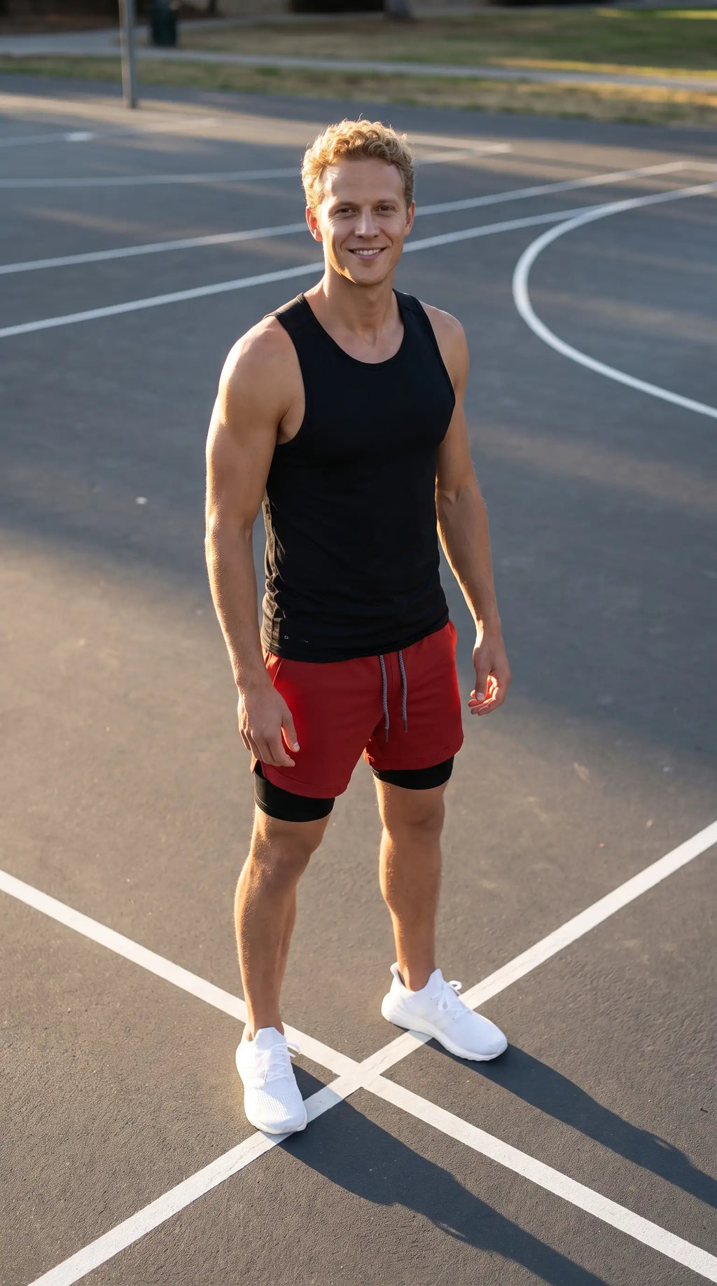 Men’s 2-in-1 Camo Running Quick-Dry Gym Shorts worn by a smiling man standing on a basketball court.