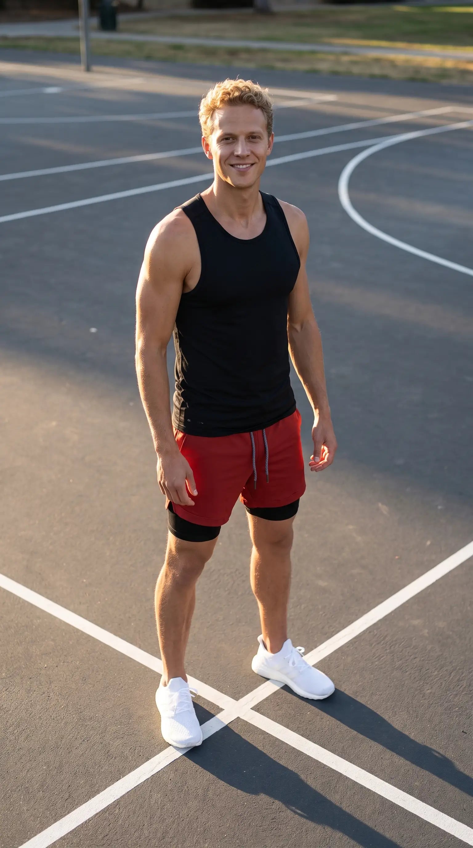 Men’s 2-in-1 Camo Running Quick-Dry Gym Shorts worn by a smiling man standing on a basketball court.