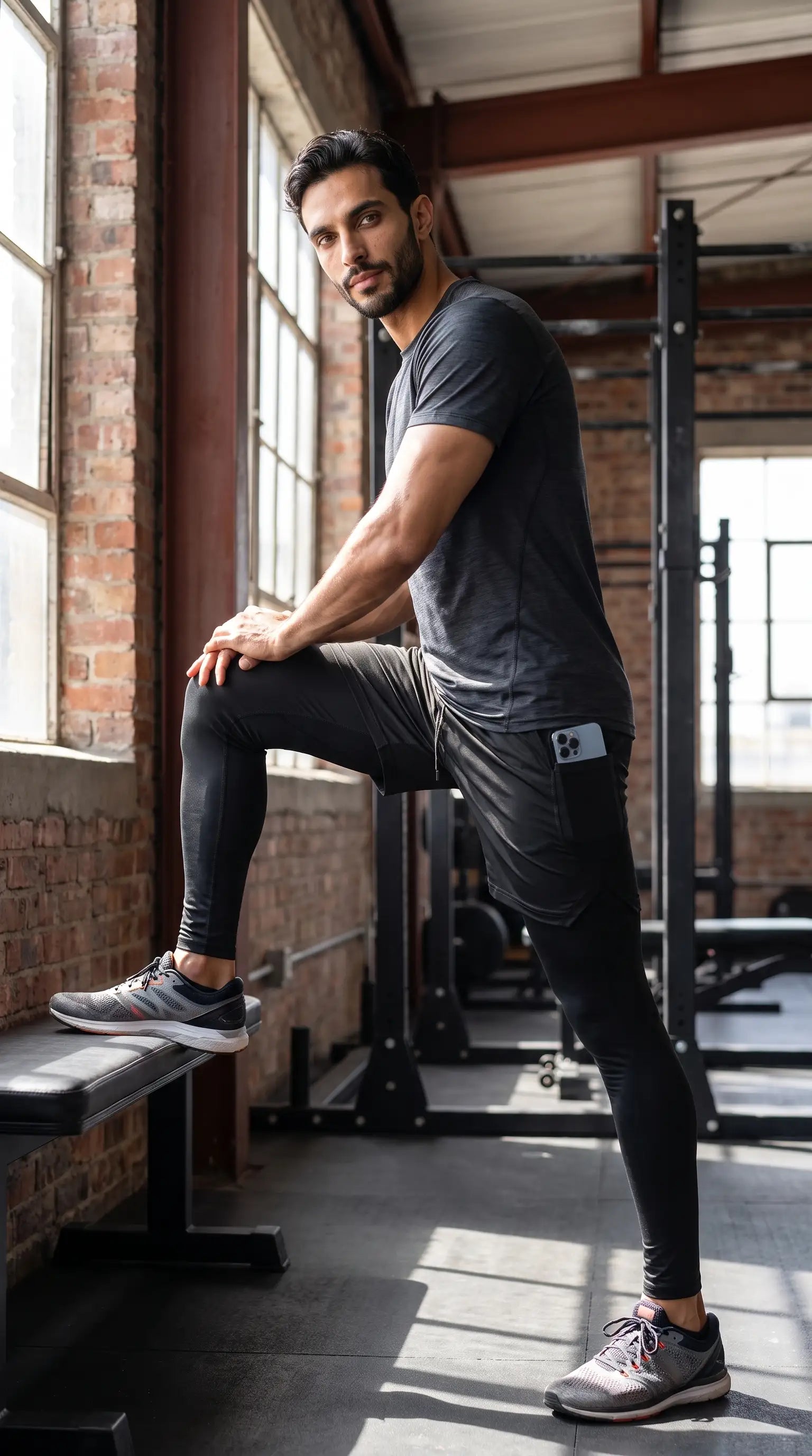 Man wearing Men’s 2-in-1 Quick-Dry Training Pants in gym, demonstrating athletic flexibility and style.