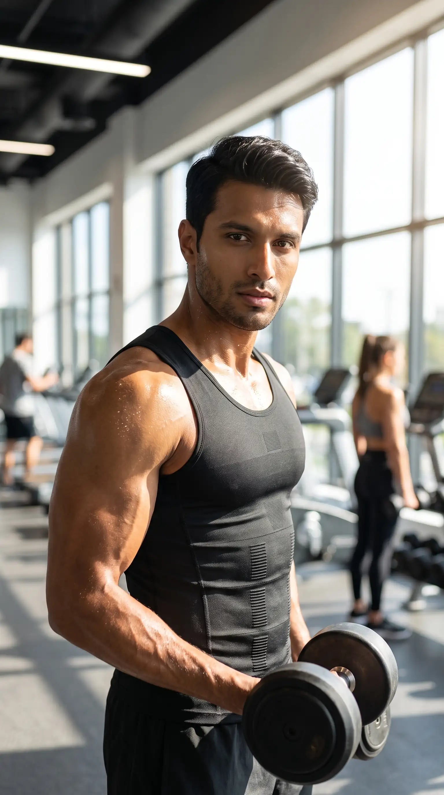 Man wearing a Men’s Slimming Compression Vest lifting dumbbells in a gym setting.