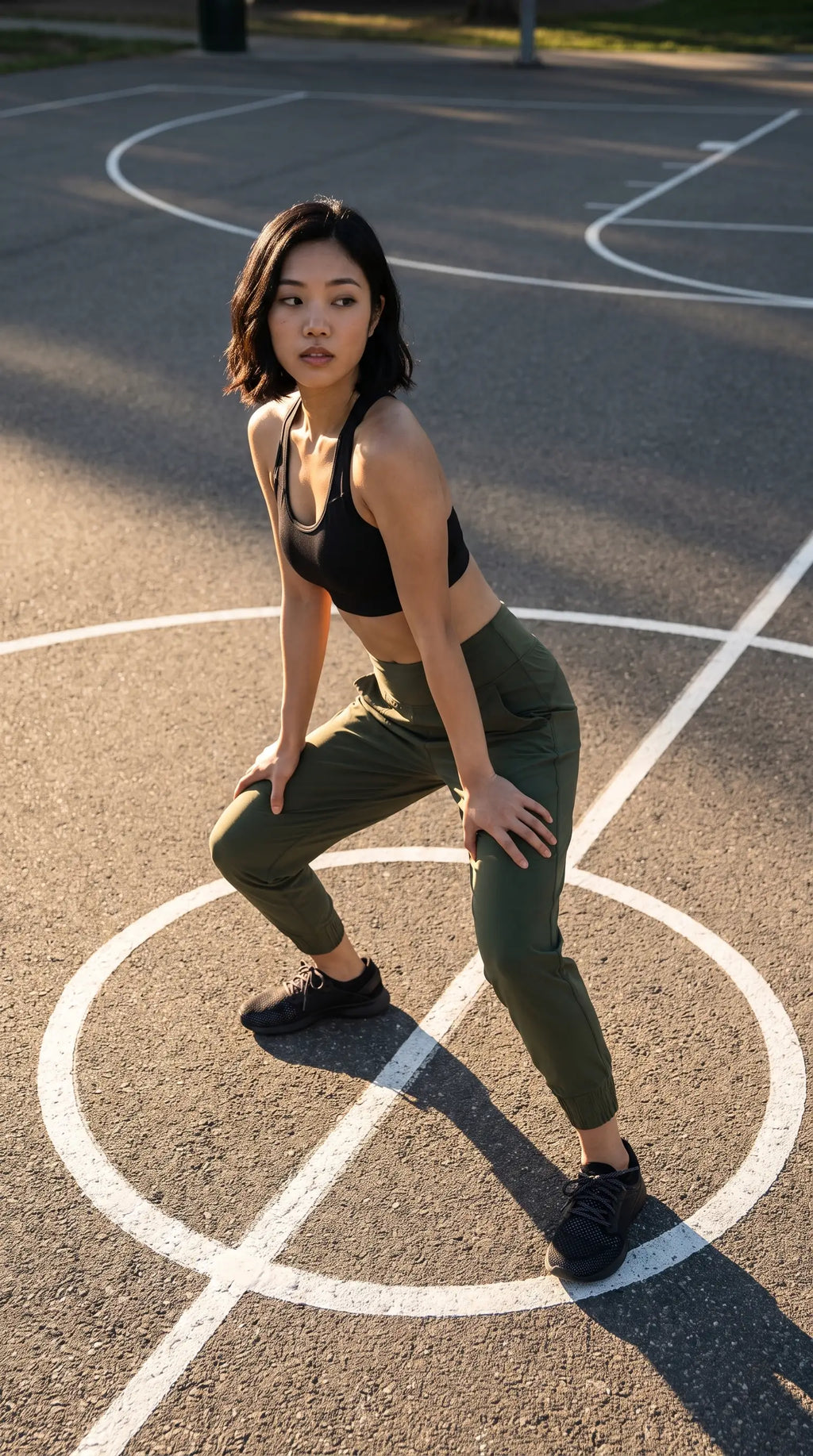 Model wearing Excel Jogger 78 Length 28 Pant in an athletic pose on a basketball court.