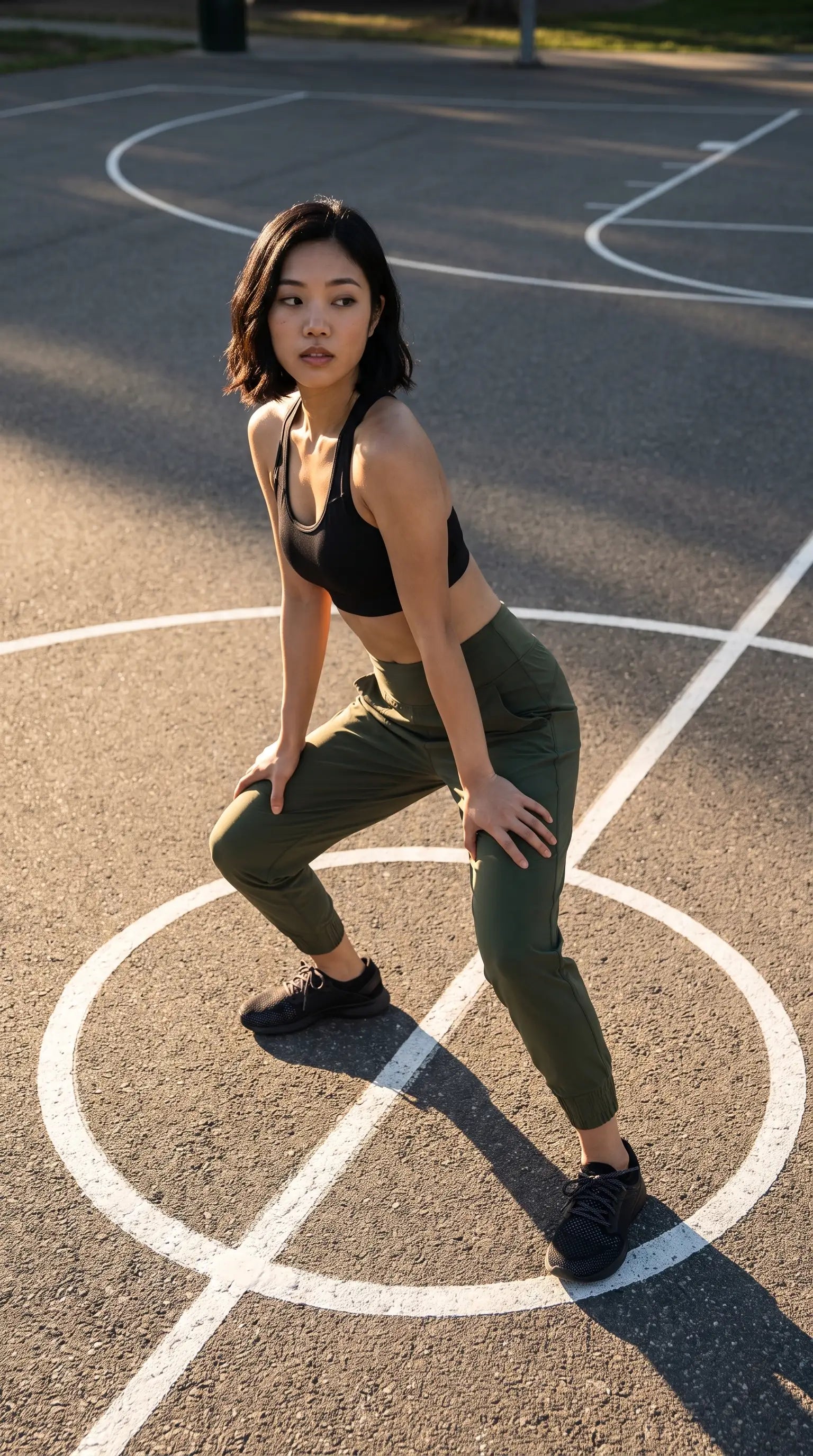Model wearing Excel Jogger 78 Length 28 Pant in an athletic pose on a basketball court.