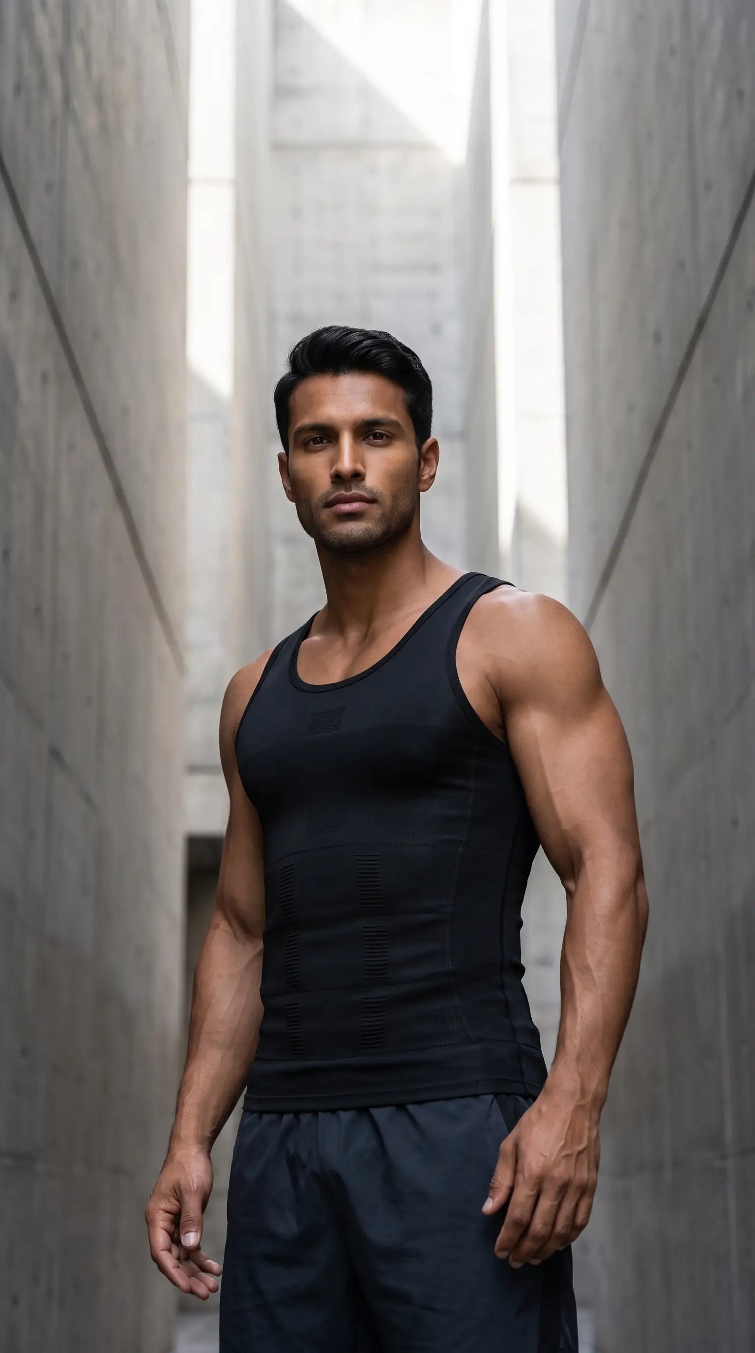 Man wearing Men’s Slimming Compression Vest, showcasing a toned physique in a minimalist environment.