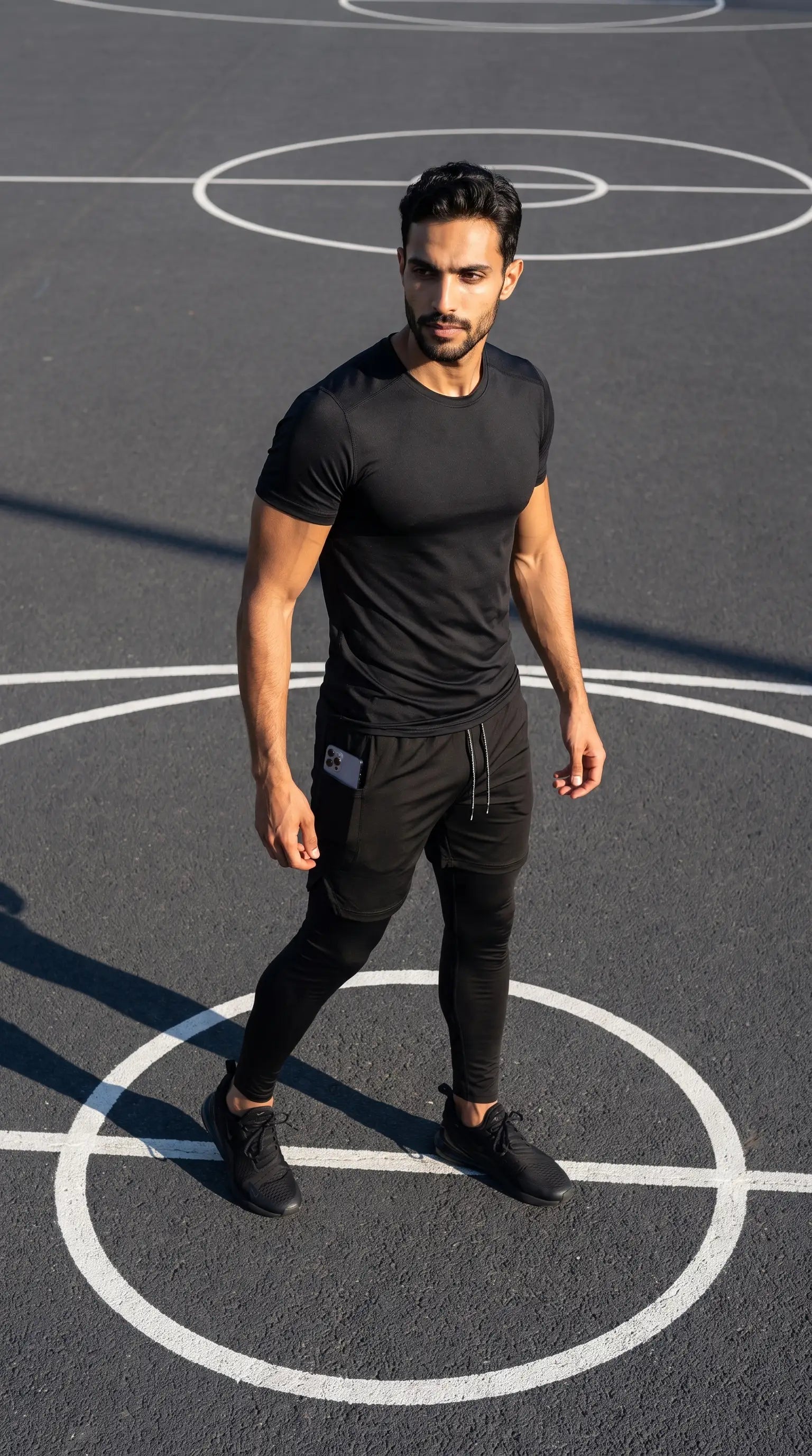 Man wearing Men’s 2-in-1 Quick-Dry Training Pants on a basketball court, showcasing athletic style and performance.