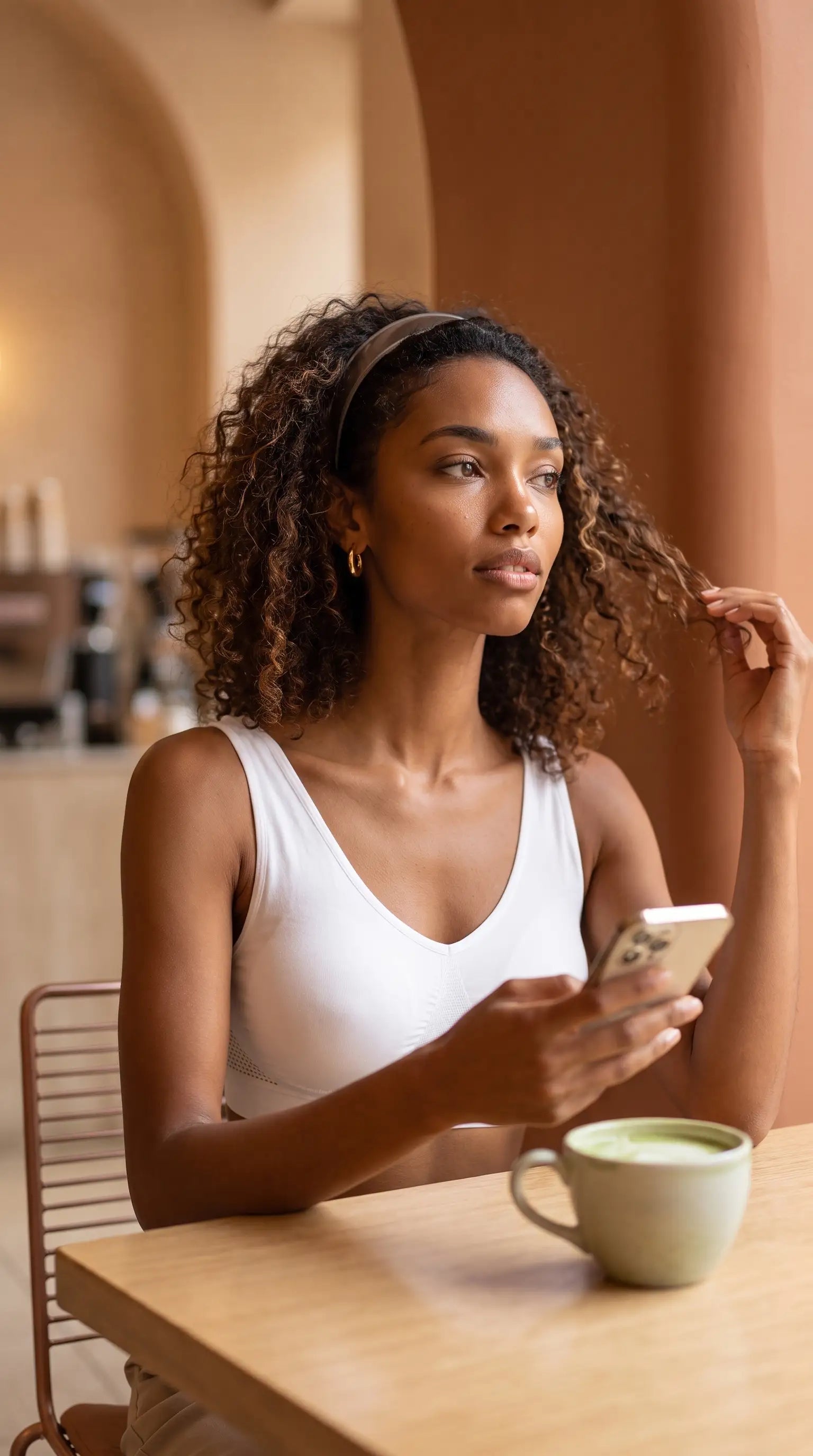 Woman in vintage style comfortable aire posture corrector lift up bra, sitting at a café, holding a smartphone.