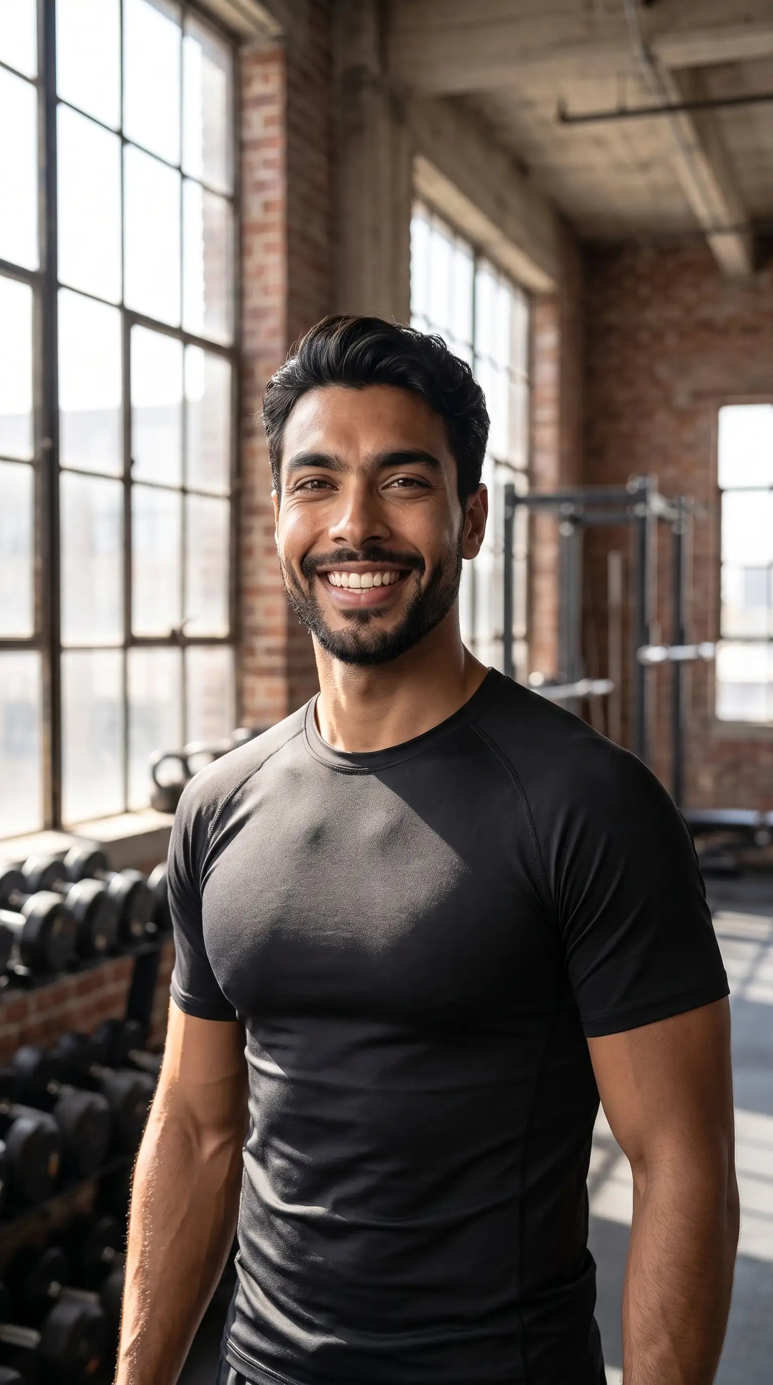 Athletic man smiling in a black Men's quick-dry performance training compression shirt in a gym setting.