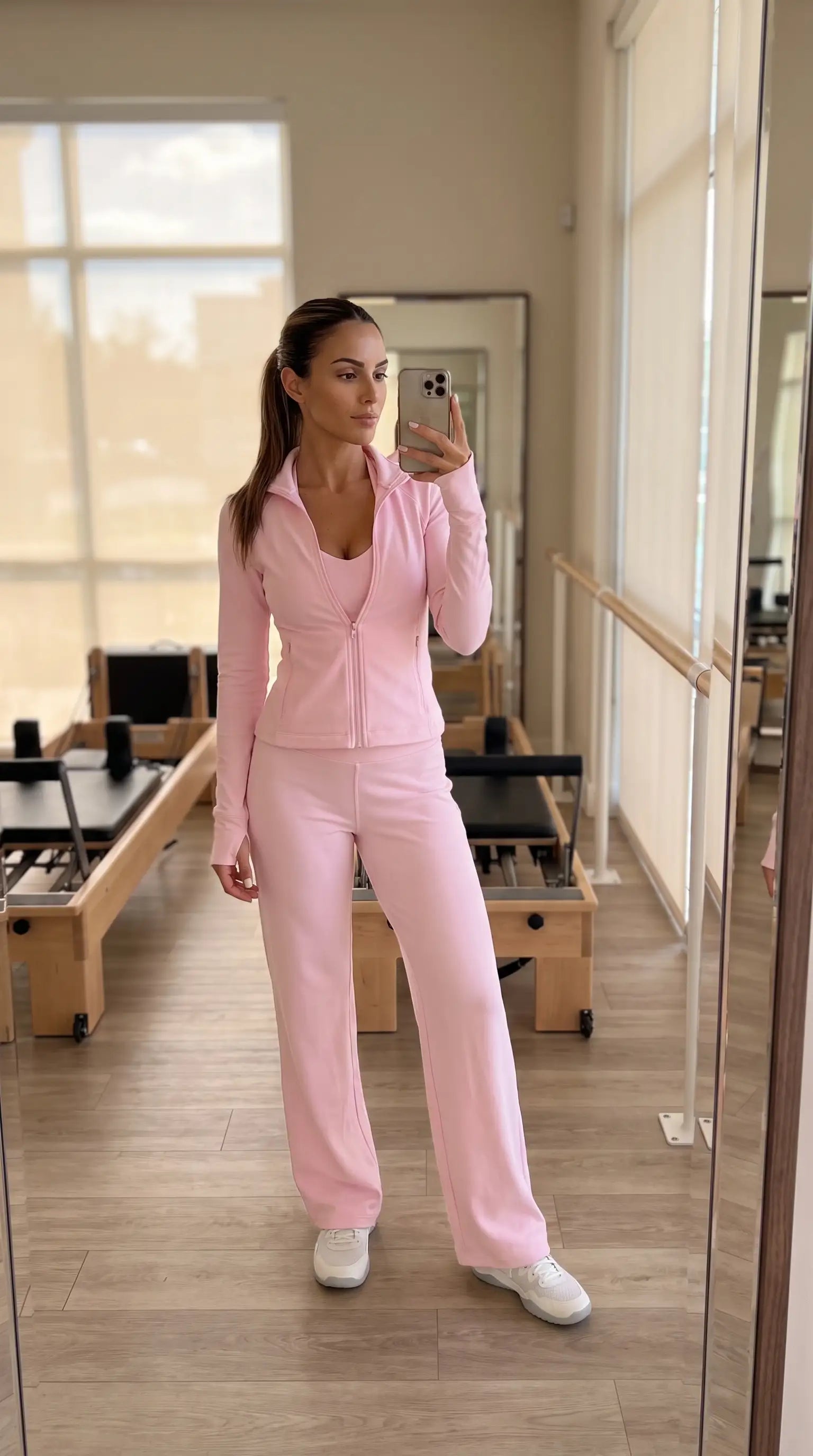 Model wearing Twirl Zip High-End 3Piece Activewear in pink, showcasing a stylish and versatile workout outfit.