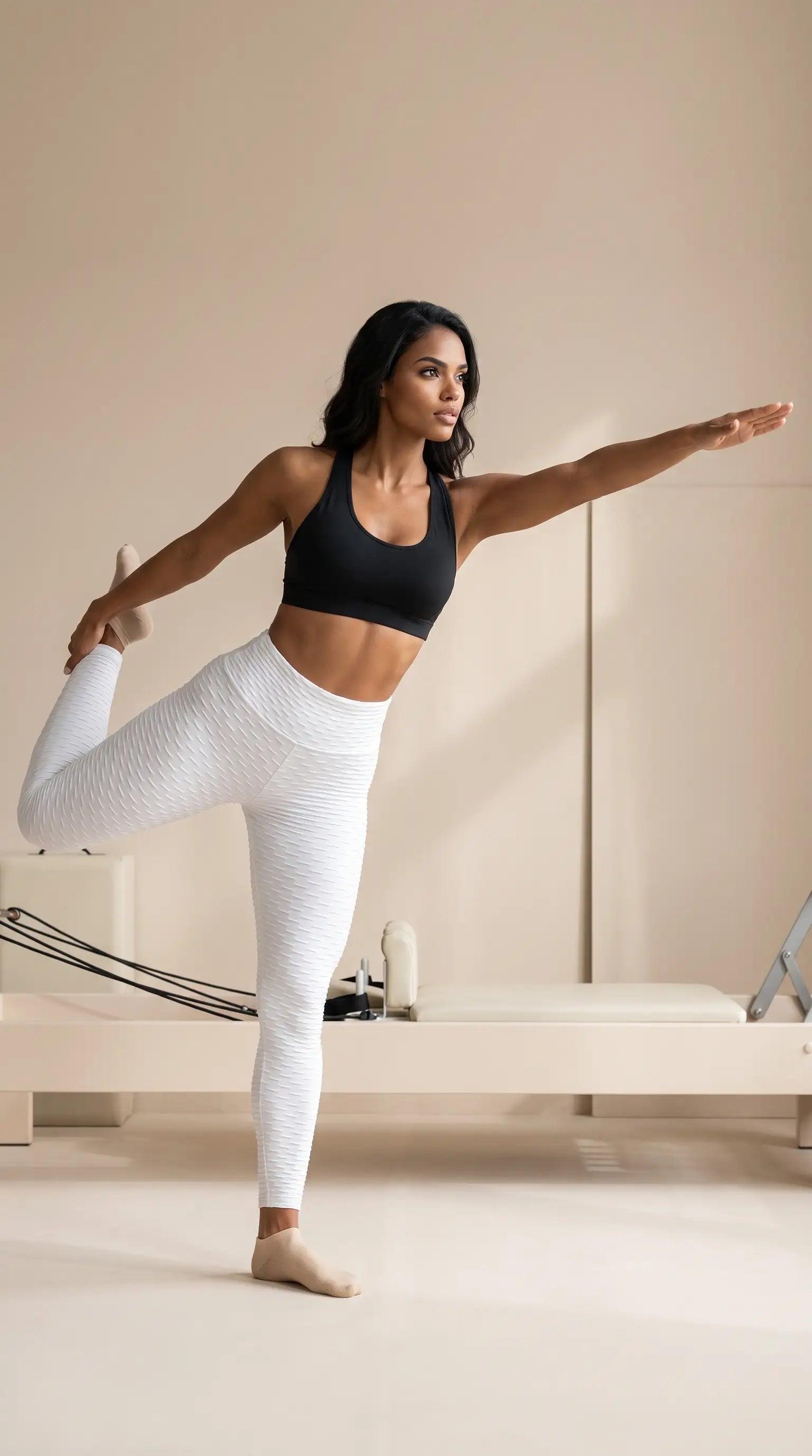 Woman wearing Women's Seamless Bubble Leggings demonstrates yoga pose while showcasing high-waist support and comfort.