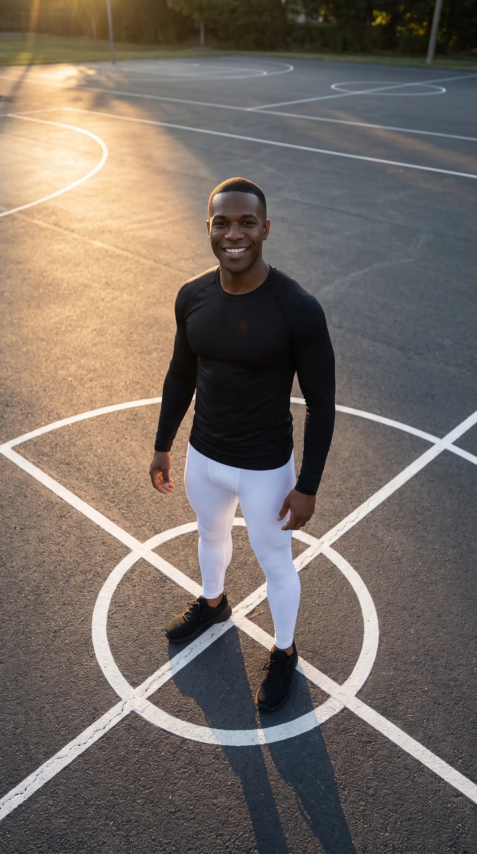 Man wearing Men's Recovery Compression Tights and a black long sleeve shirt standing on a basketball court.