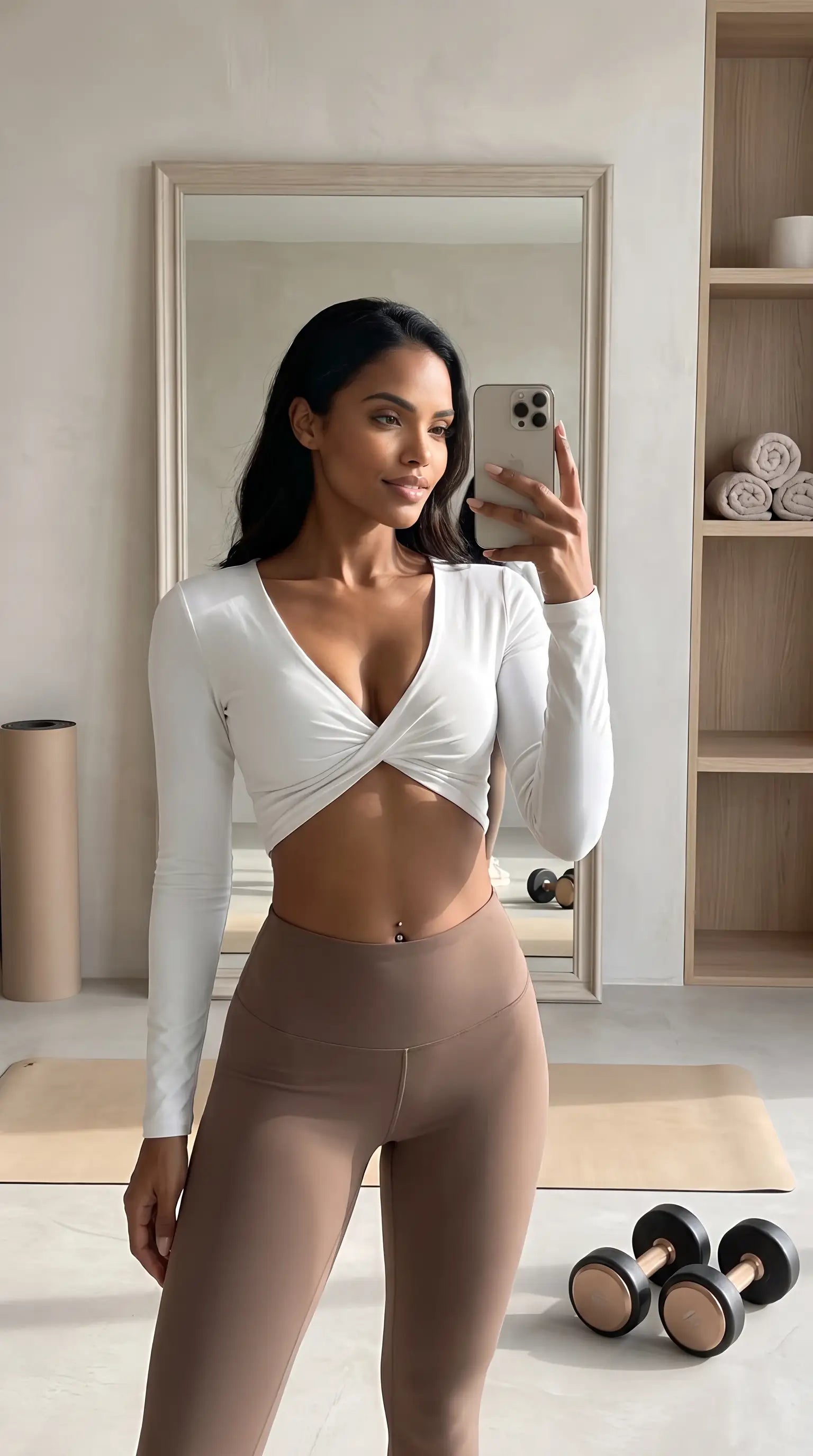 Blaire Sport Twist Knot Long Sleeve Workout Crop Top with Bra modeled by a woman in a fitness studio mirror.