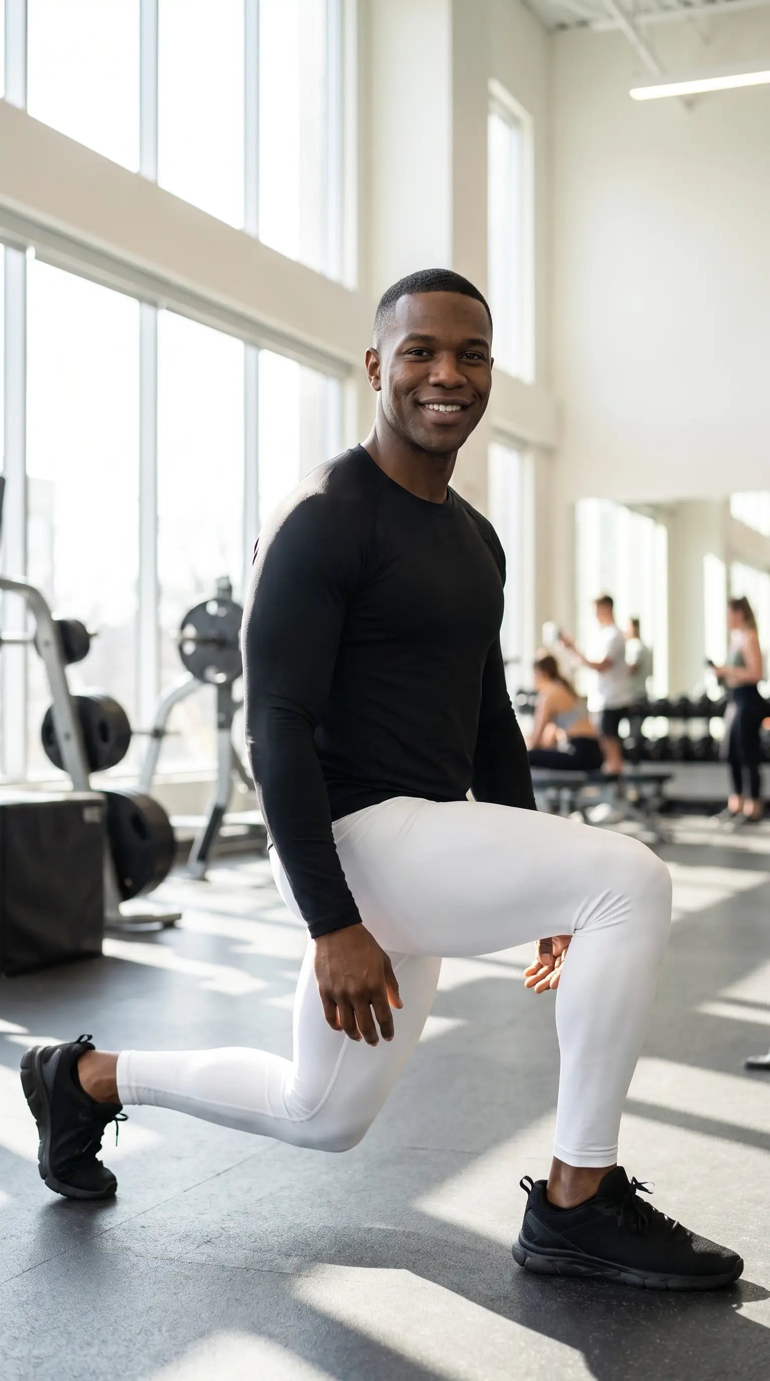 Man wearing Men's Recovery Compression Tights performing a lunge in a gym setting with weights in the background.