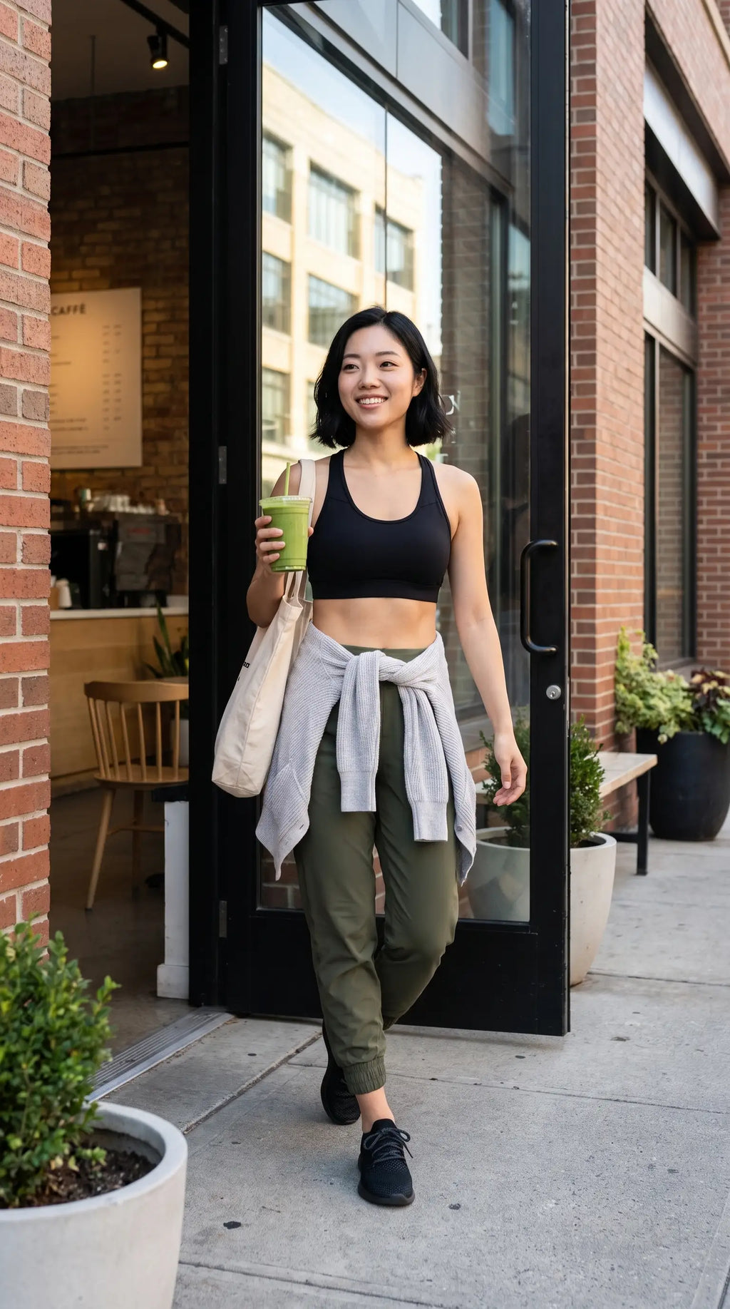 Woman in Excel Jogger 78 Length 28 Pant holding a drink, walking by a cafe in casual athletic outfit.