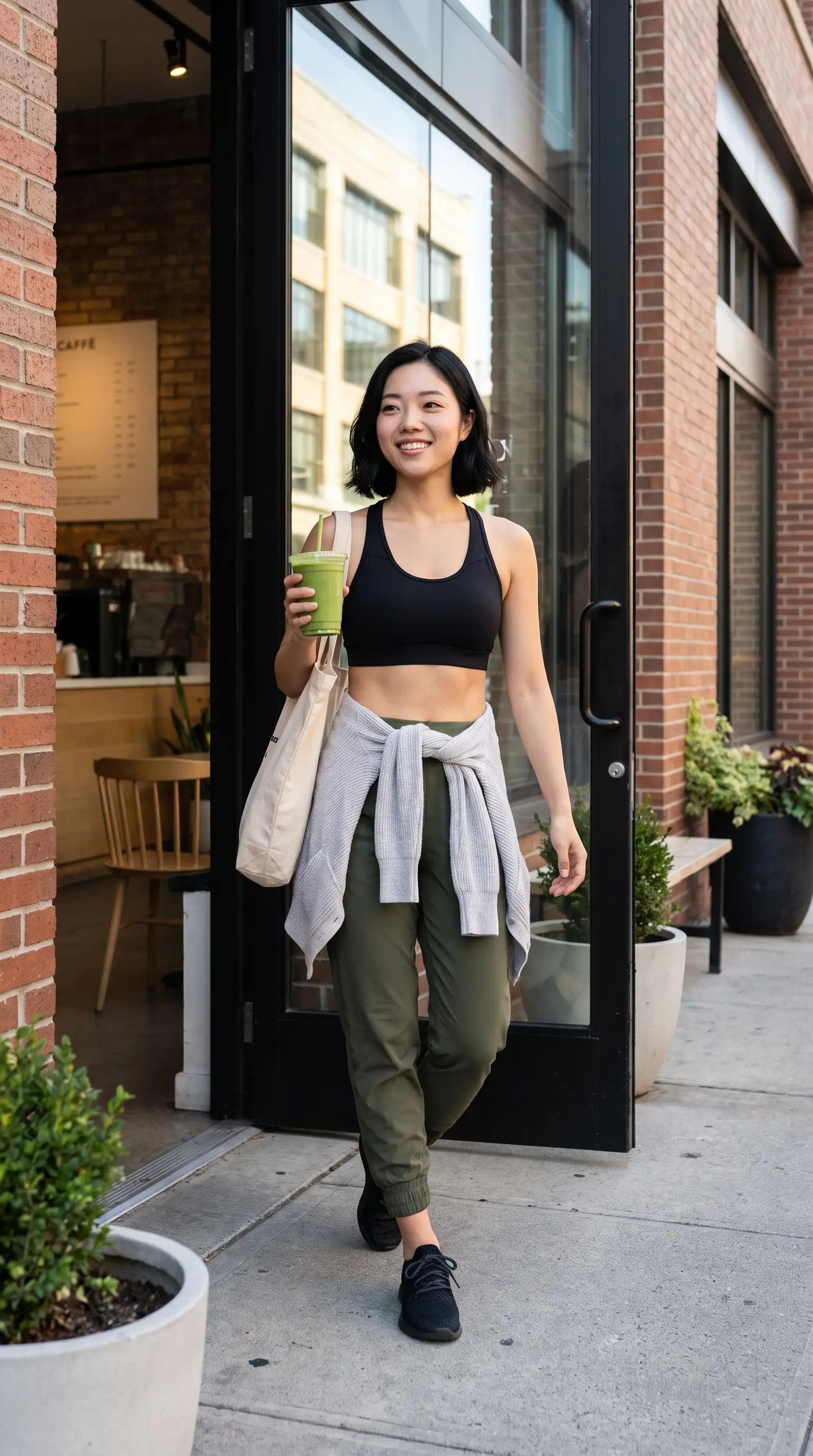 Woman in Excel Jogger 78 Length 28 Pant holding a drink, walking by a cafe in casual athletic outfit.