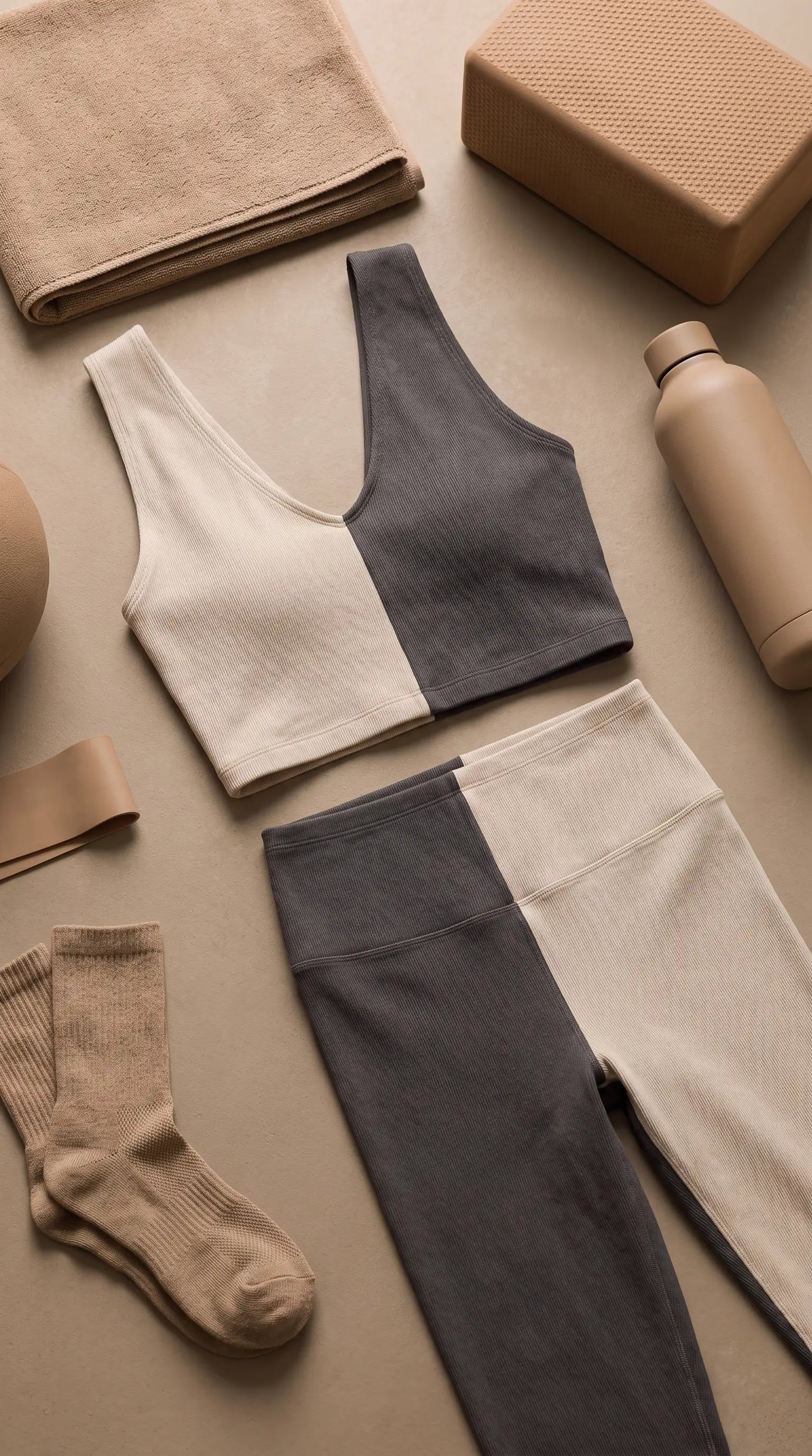 High End Two Tone V-Neck Crop Top displayed with matching leggings and accessories on a soft background.