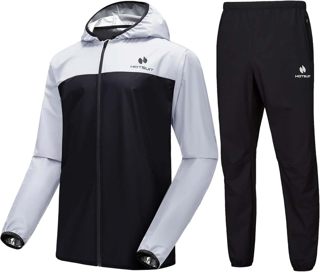 Men's Full Body Sauna Suit – Premium Sweat Suit for Gym & Cardio featuring a black and white jacket and pants set.