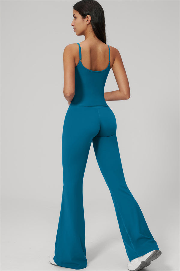 The Rapture Tank Top Flared Leggings 2-Piece Set in teal color, showcasing back view on a model.