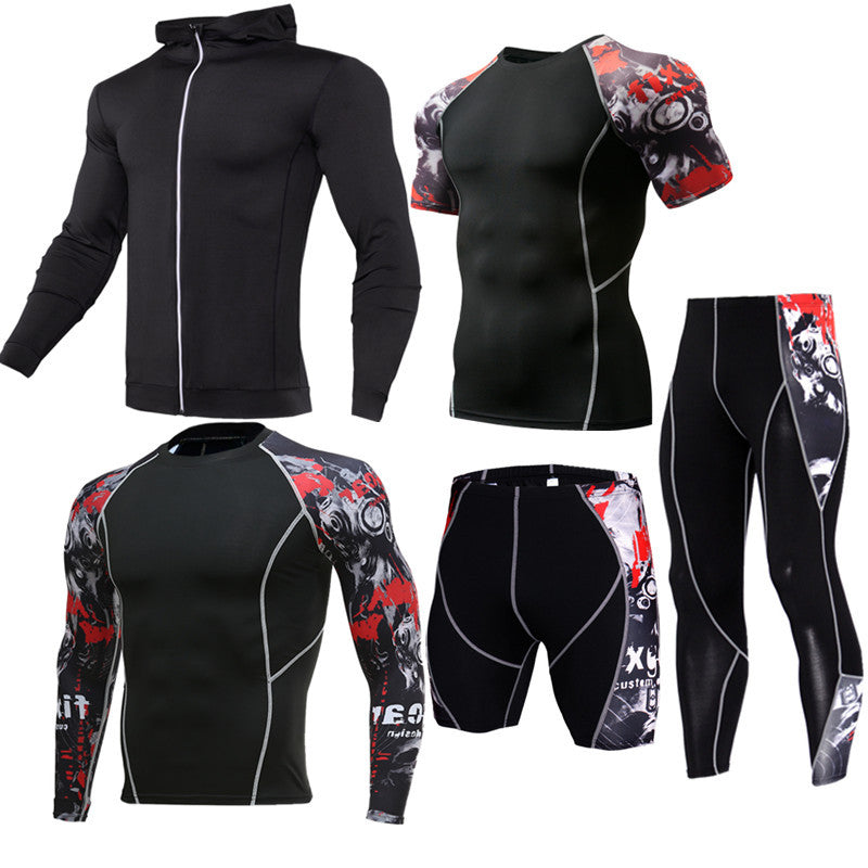 Sportswear quick-drying running suit collection featuring hooded jacket, shirts, shorts, and leggings for athletes.